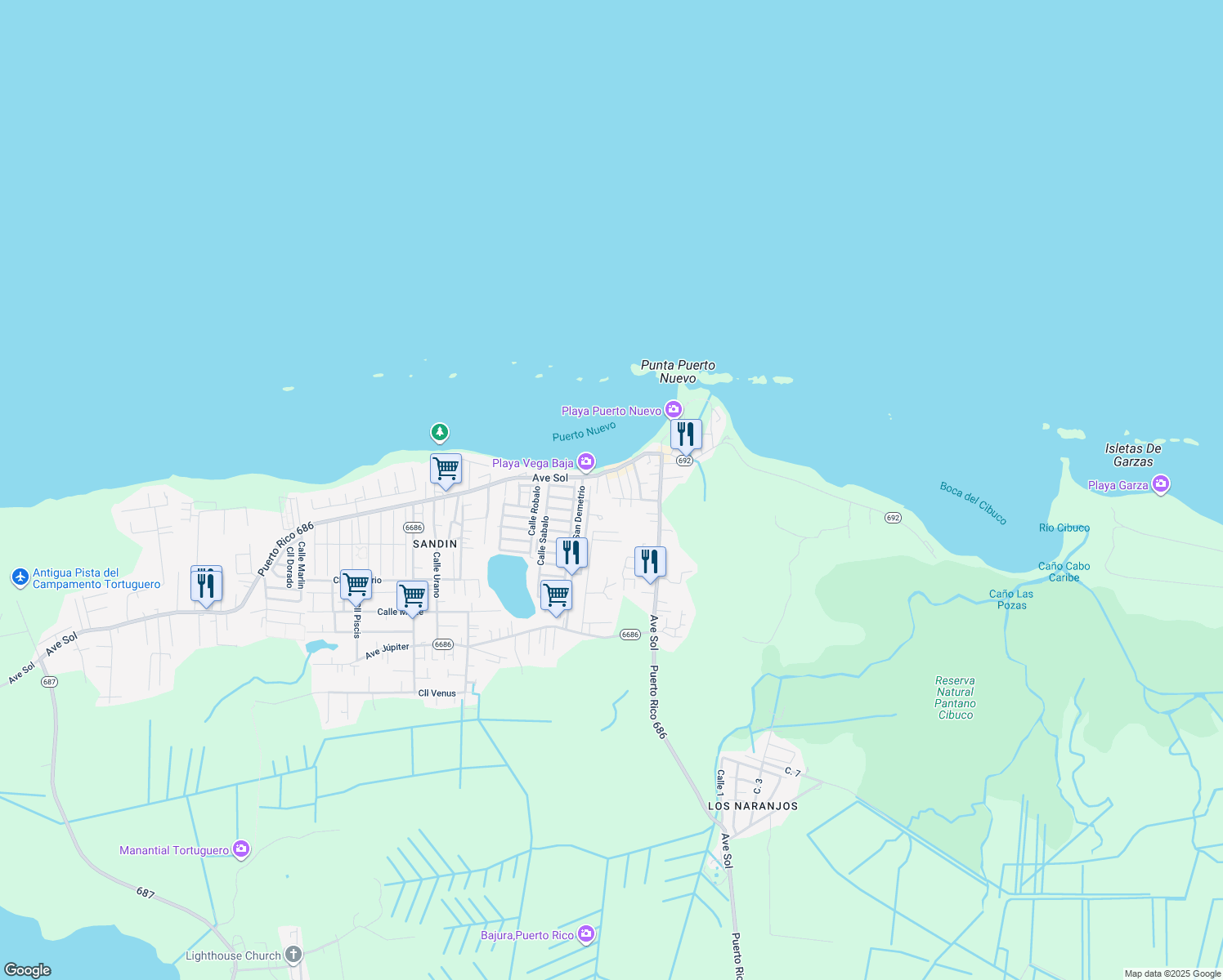 map of restaurants, bars, coffee shops, grocery stores, and more near Calle Roca Mar in Vega Baja