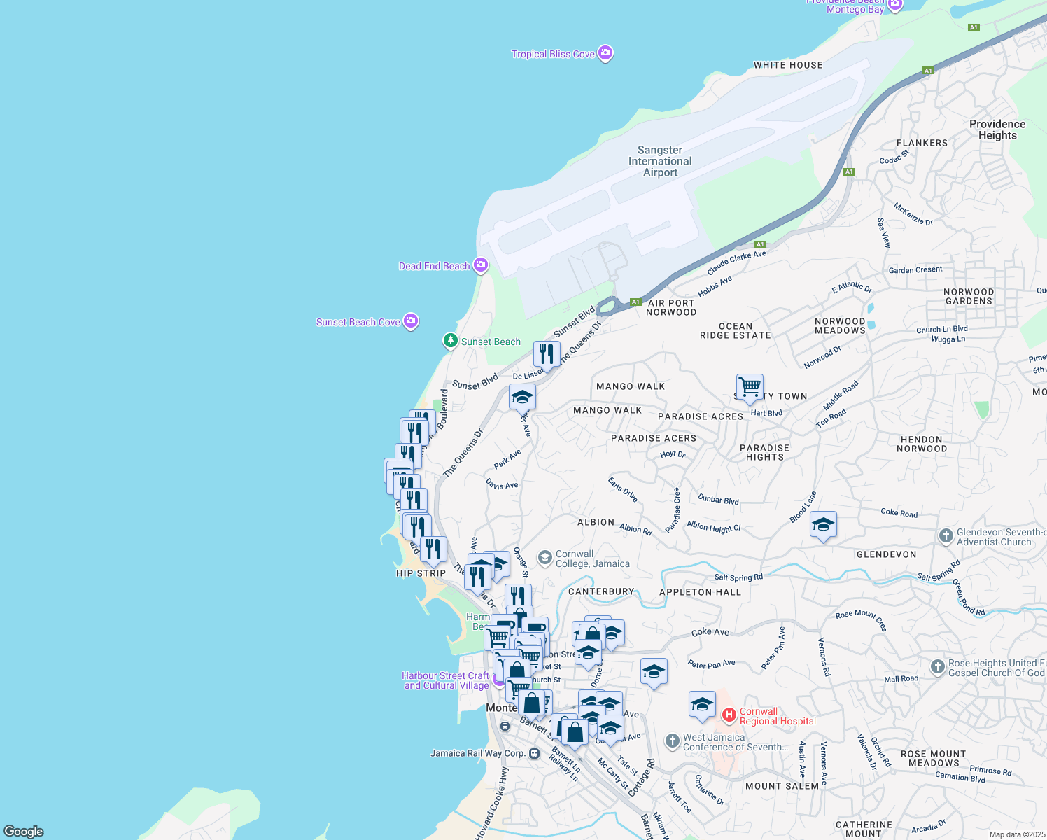 map of restaurants, bars, coffee shops, grocery stores, and more near Leader Avenue in Montego Bay