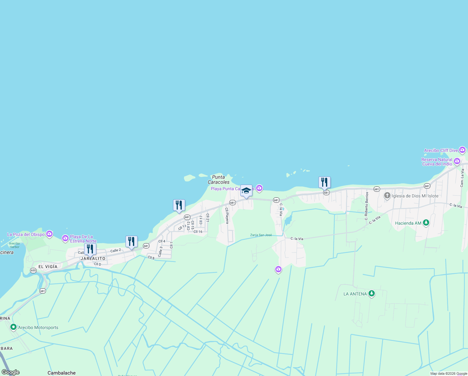 map of restaurants, bars, coffee shops, grocery stores, and more near Puerto Rico 681 in Arecibo
