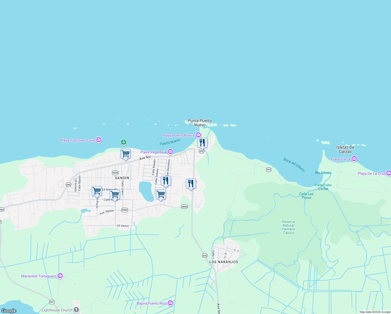 map of restaurants, bars, coffee shops, grocery stores, and more near Calle Manuel Otero in Puerto Nuevo
