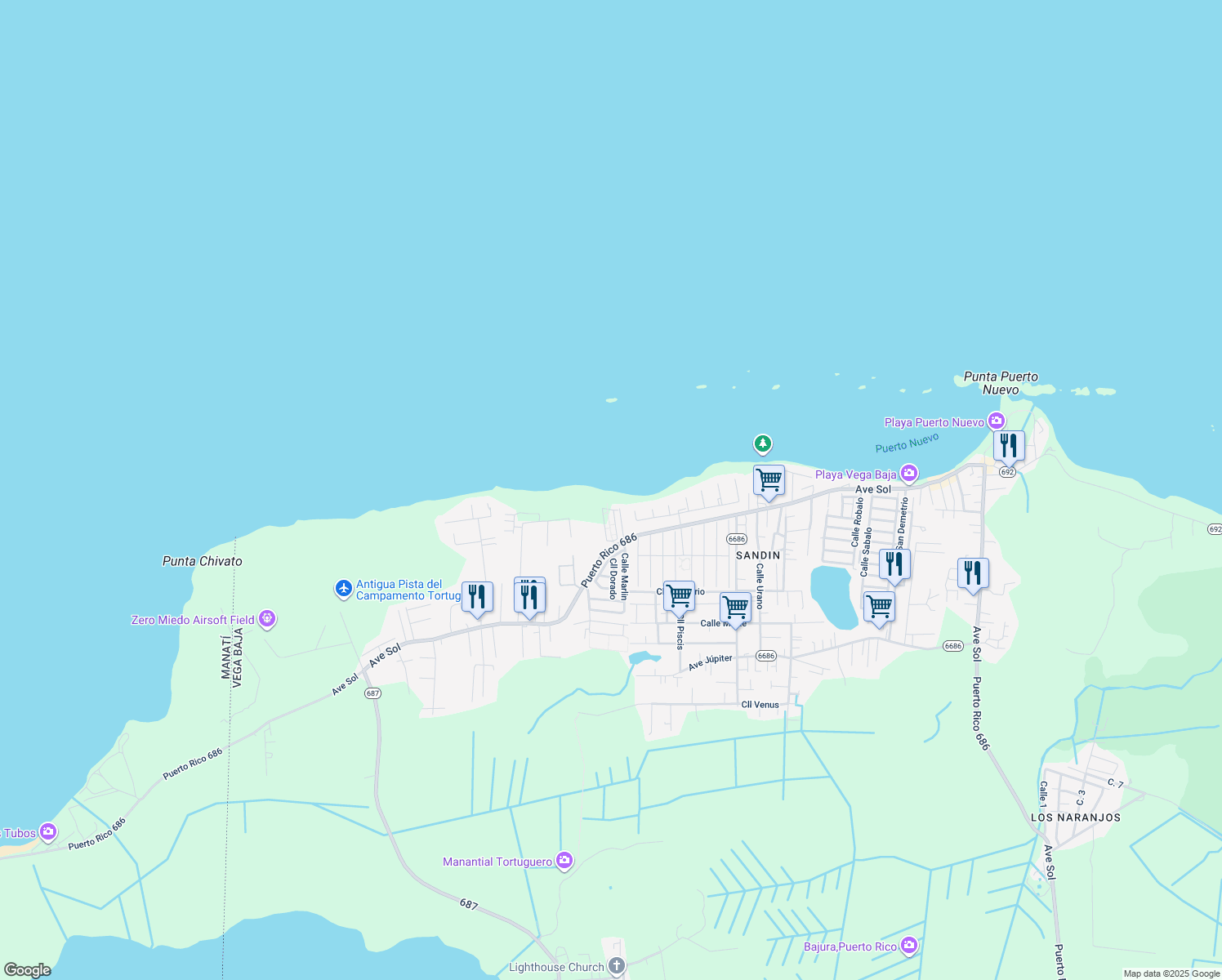 map of restaurants, bars, coffee shops, grocery stores, and more near in Vega Baja