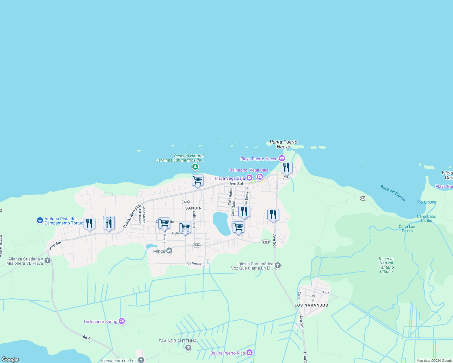 map of restaurants, bars, coffee shops, grocery stores, and more near Avenue Sol in Vega Baja
