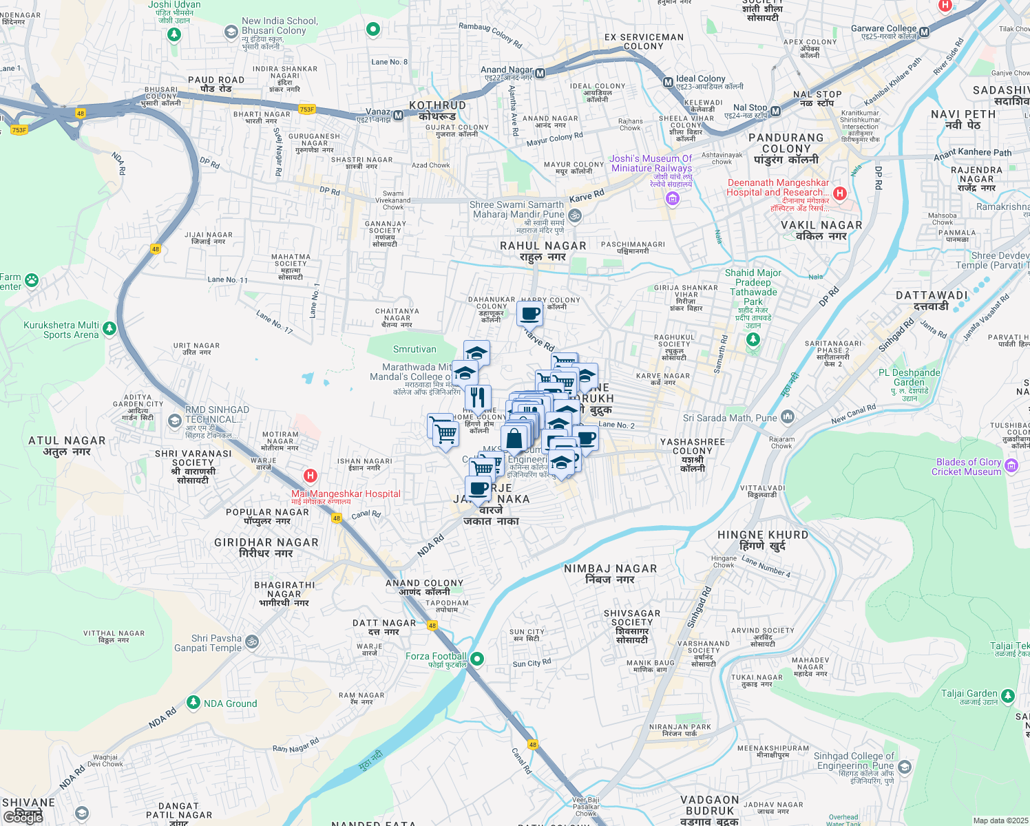 map of restaurants, bars, coffee shops, grocery stores, and more near Hingane Home Colony Road in Pune