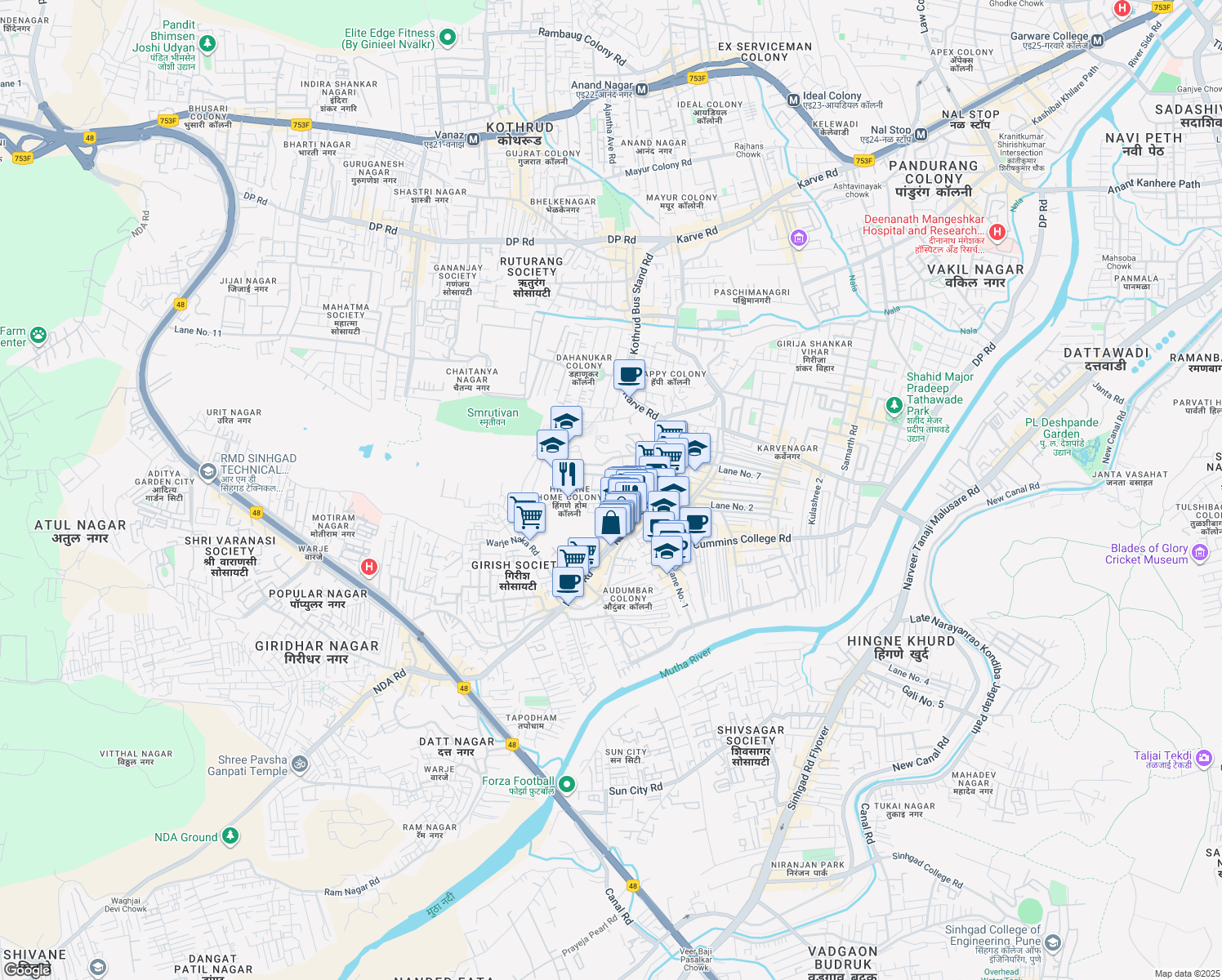 map of restaurants, bars, coffee shops, grocery stores, and more near Hingane Home Colony Road in Pune