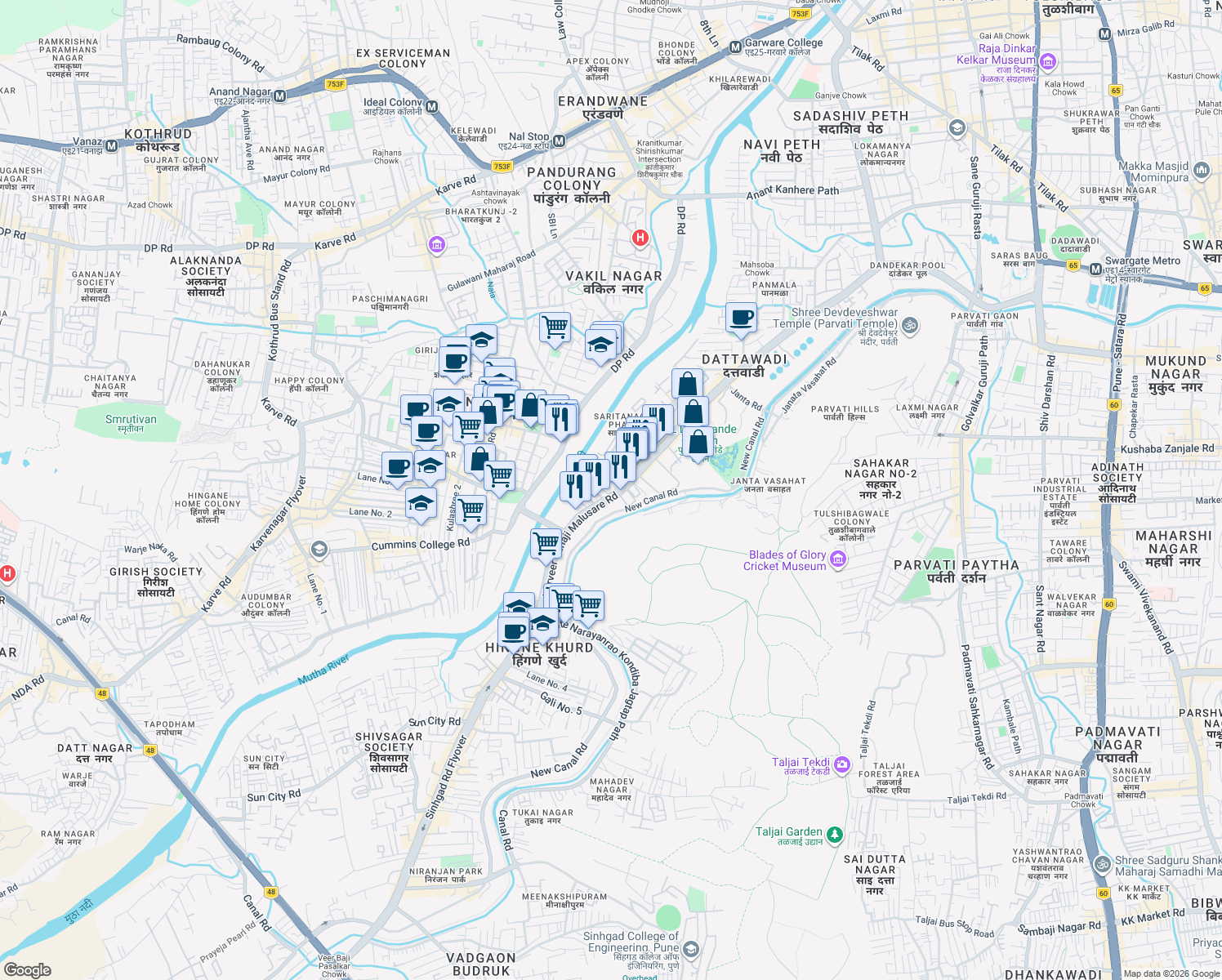 map of restaurants, bars, coffee shops, grocery stores, and more near Narveer Tanaji Malusare Road in Pune