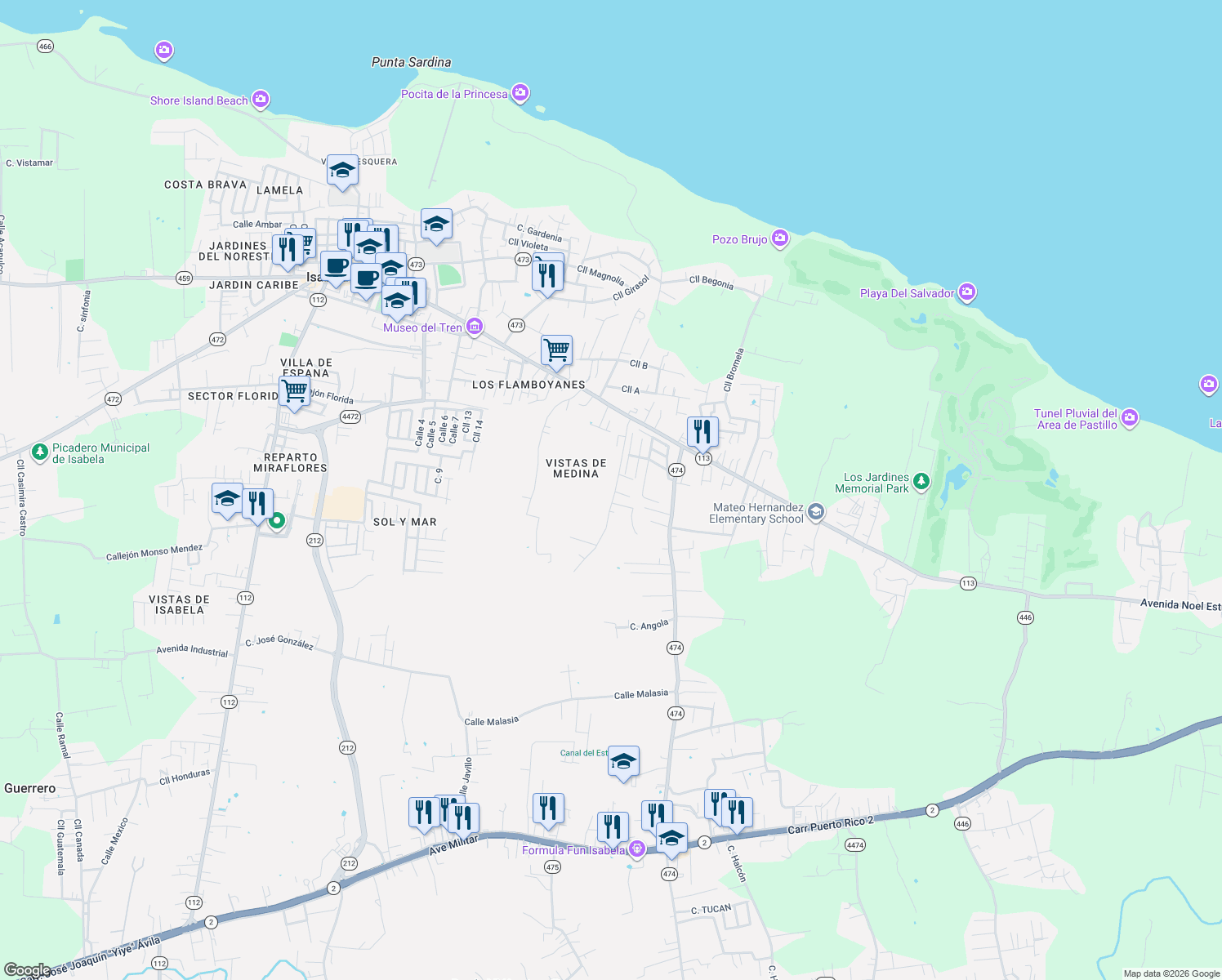 map of restaurants, bars, coffee shops, grocery stores, and more near Calle Drive Pedro Hernandez del Valle in Isabela