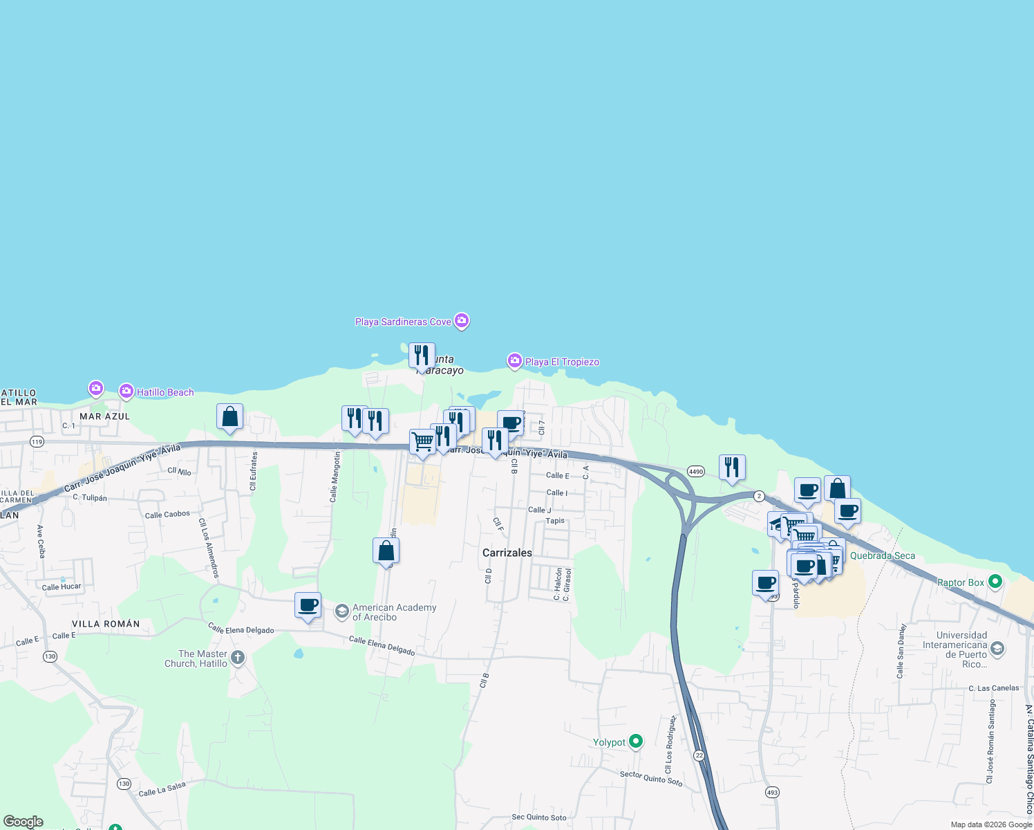 map of restaurants, bars, coffee shops, grocery stores, and more near Calle 3 in Hatillo