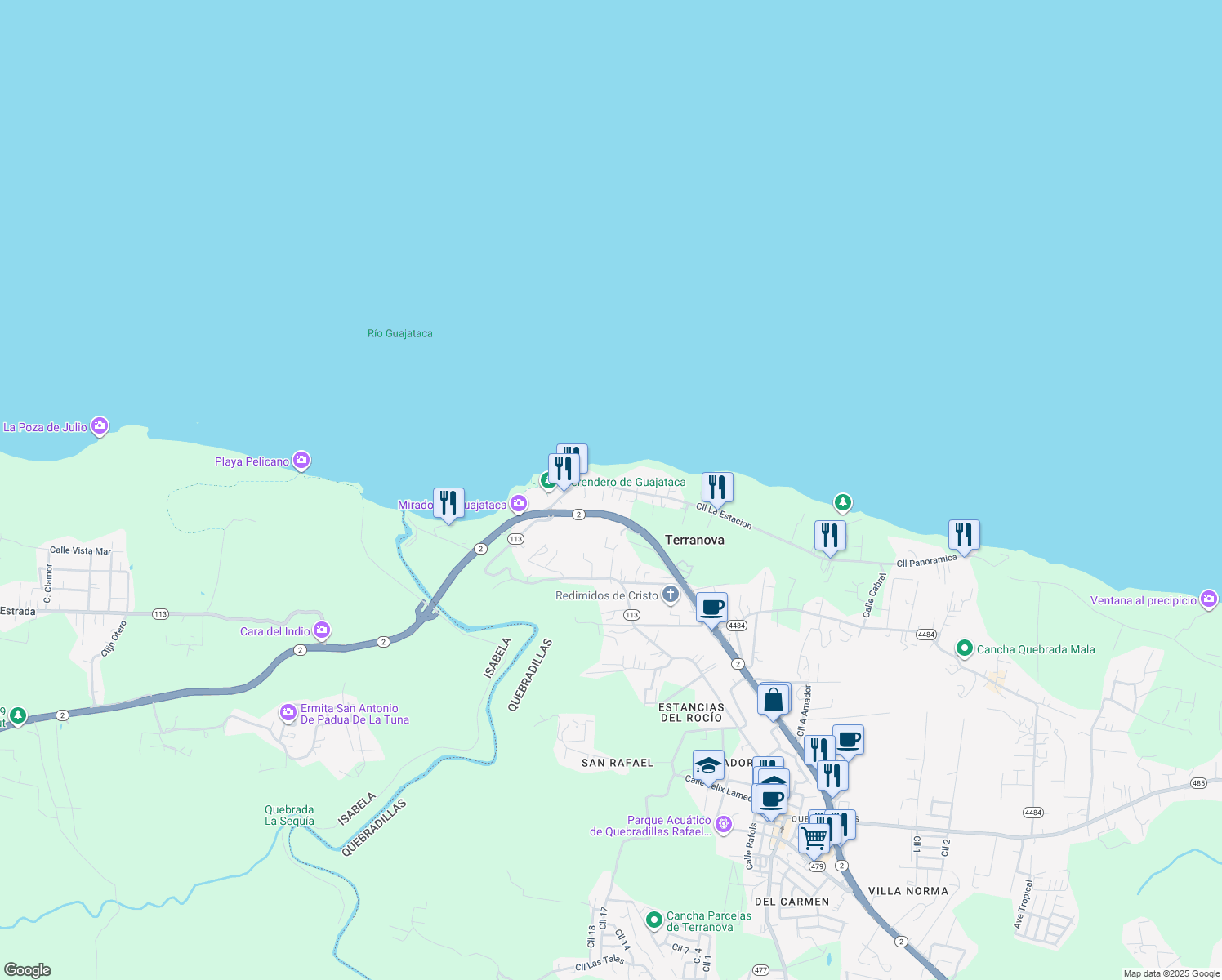 map of restaurants, bars, coffee shops, grocery stores, and more near in Terranova, Quebradillas, Puerto Rico