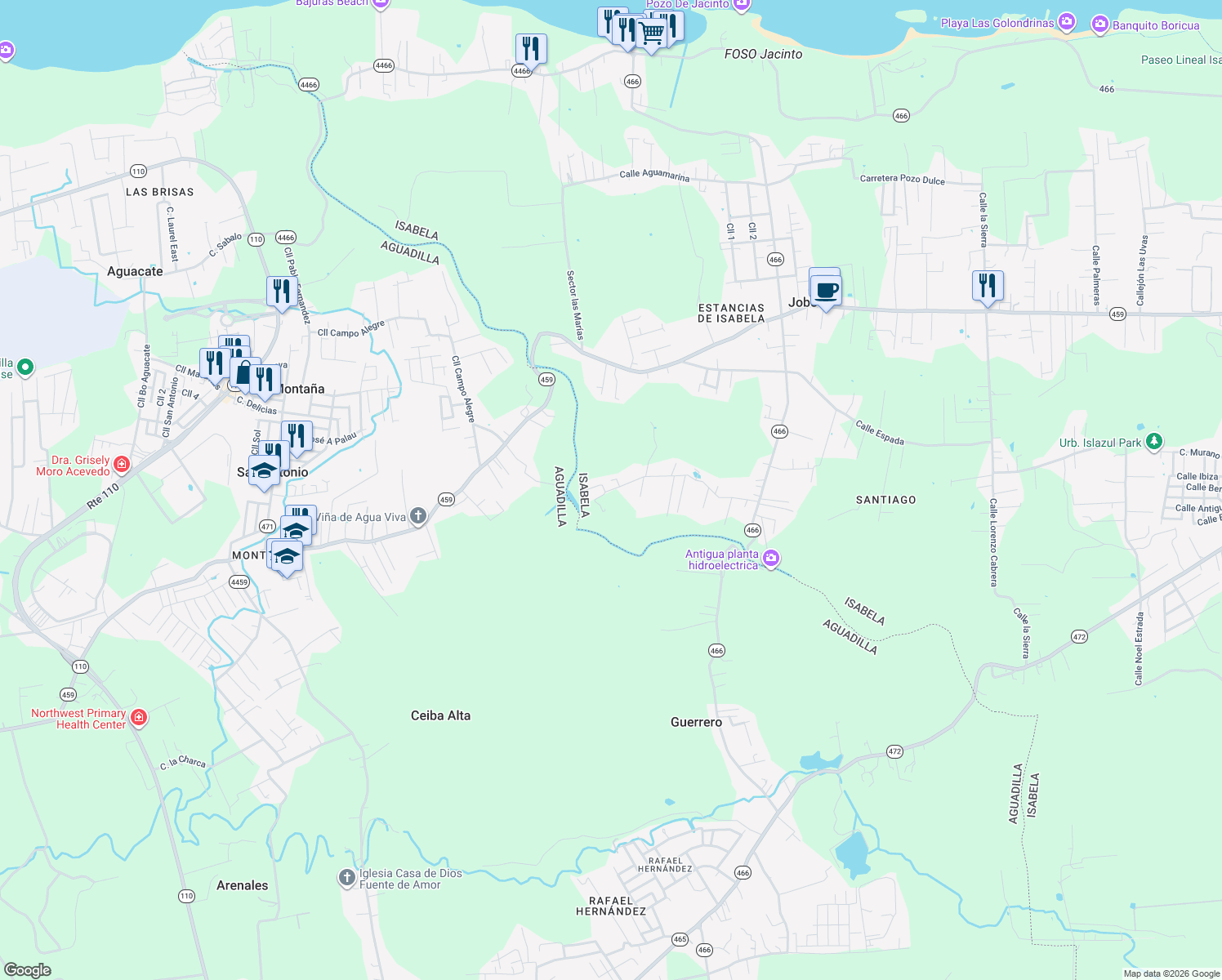map of restaurants, bars, coffee shops, grocery stores, and more near in Jobos