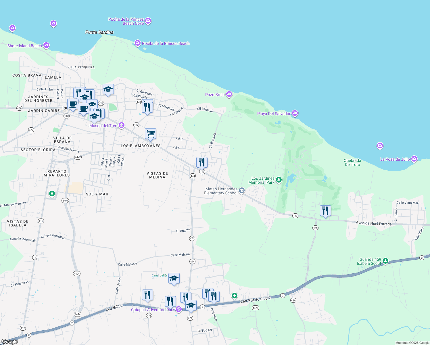map of restaurants, bars, coffee shops, grocery stores, and more near 700 Calle Malagueta in Isabela