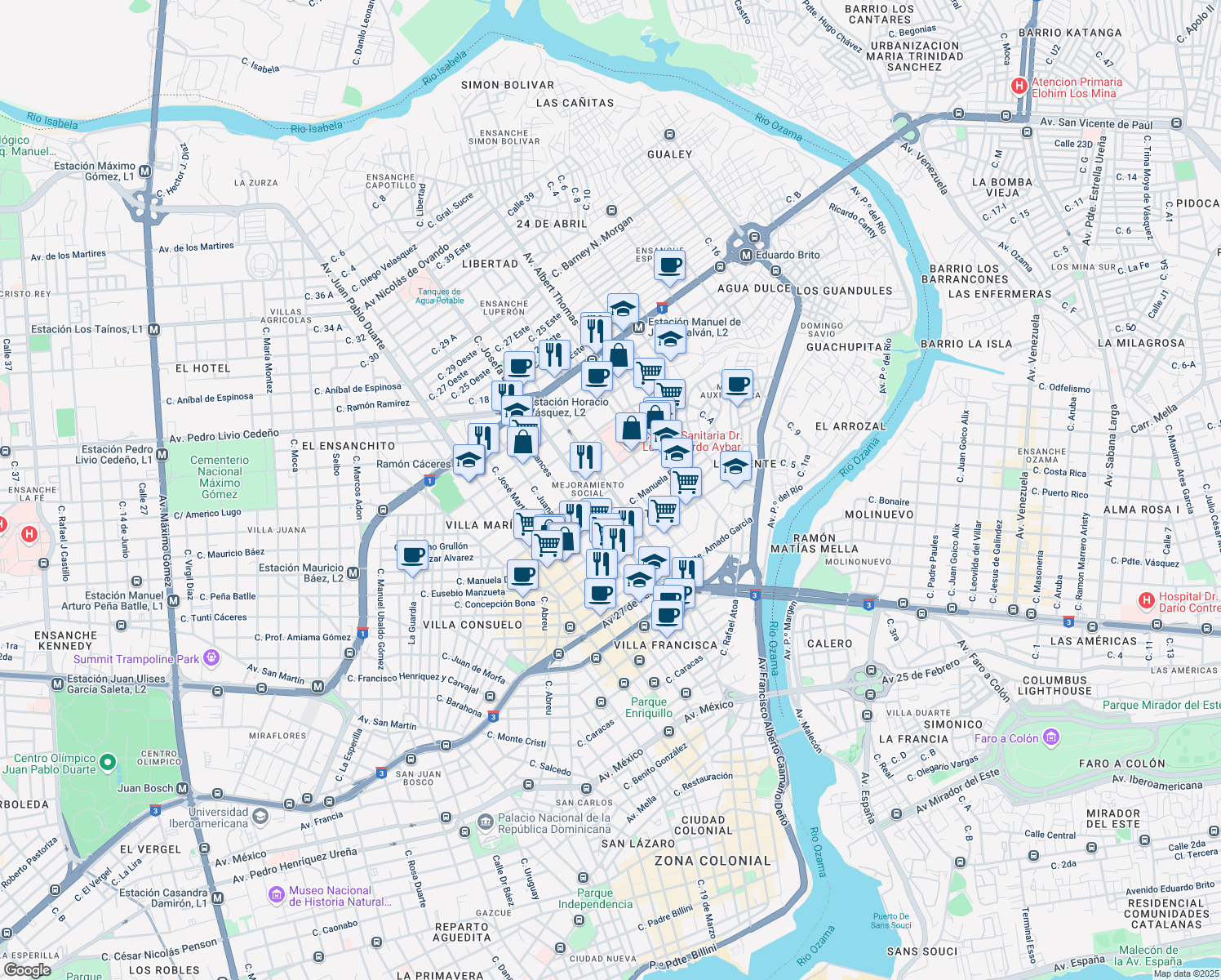 map of restaurants, bars, coffee shops, grocery stores, and more near Calle Yolanda Guzman in Santo Domingo