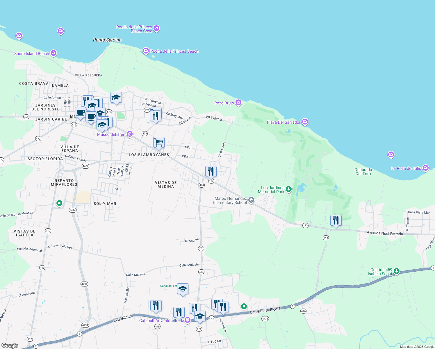 map of restaurants, bars, coffee shops, grocery stores, and more near 700 Calle Malagueta in Isabela
