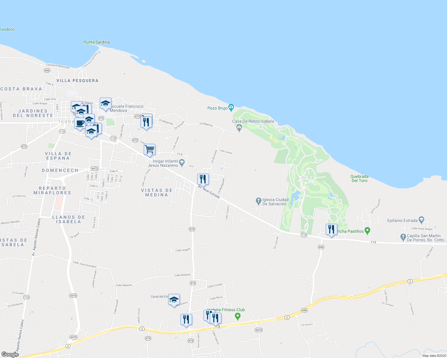 map of restaurants, bars, coffee shops, grocery stores, and more near Calle Malagueta in Isabela
