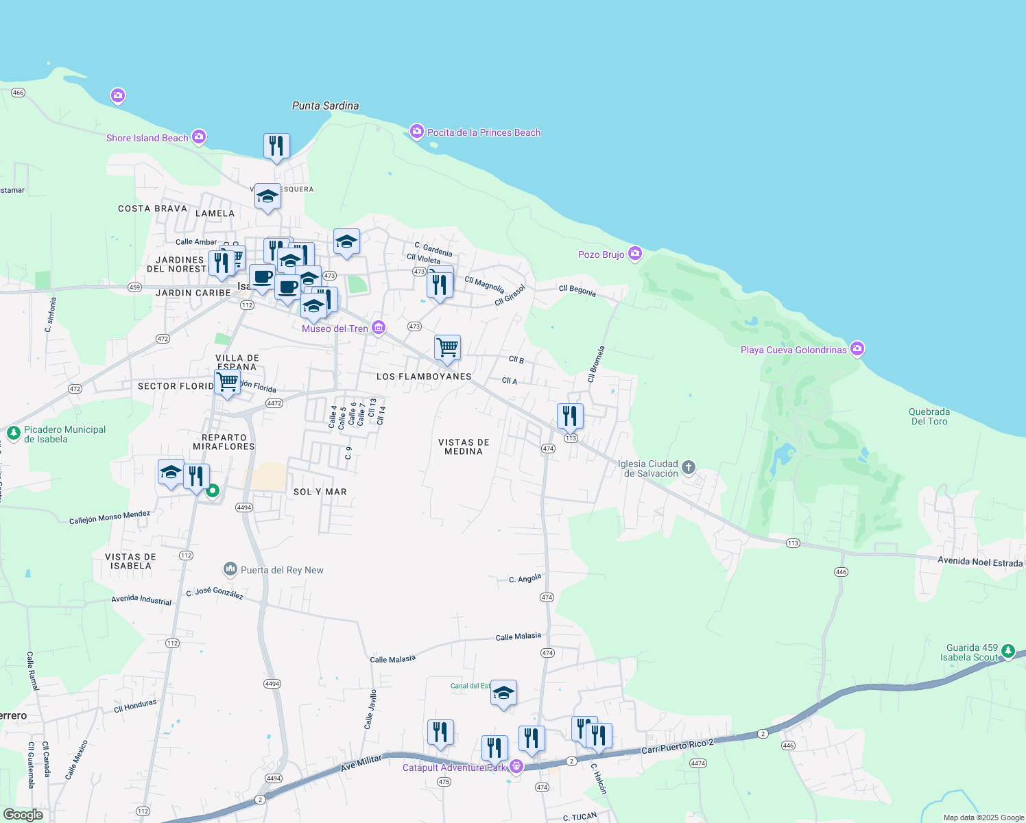 map of restaurants, bars, coffee shops, grocery stores, and more near 367 Avenida Noel Estrada in Isabela