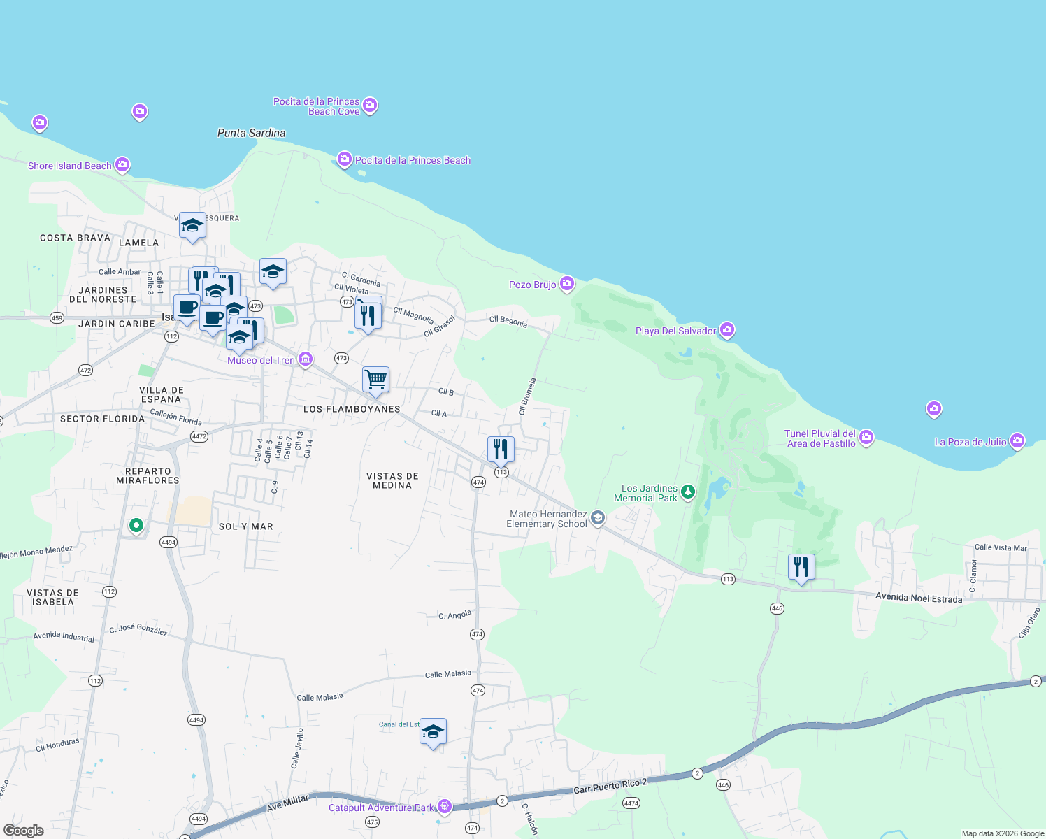 map of restaurants, bars, coffee shops, grocery stores, and more near Calle Malagueta in Isabela