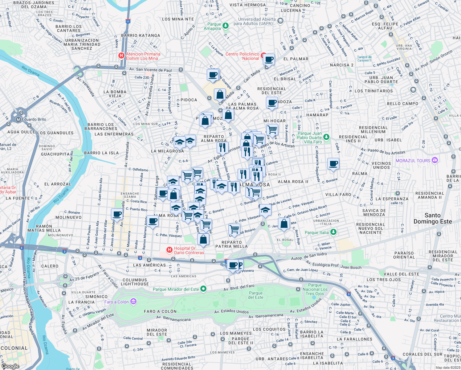 map of restaurants, bars, coffee shops, grocery stores, and more near Calle Nicolas Silfa Canario in Santo Domingo Este