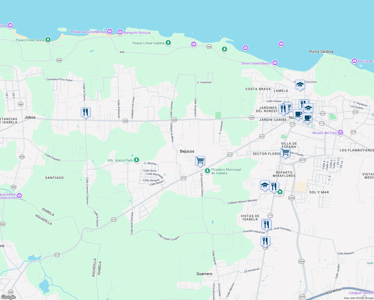 map of restaurants, bars, coffee shops, grocery stores, and more near in Bejucos