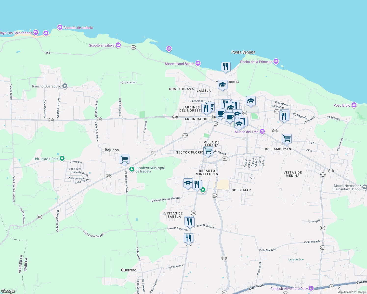 map of restaurants, bars, coffee shops, grocery stores, and more near in Isabela