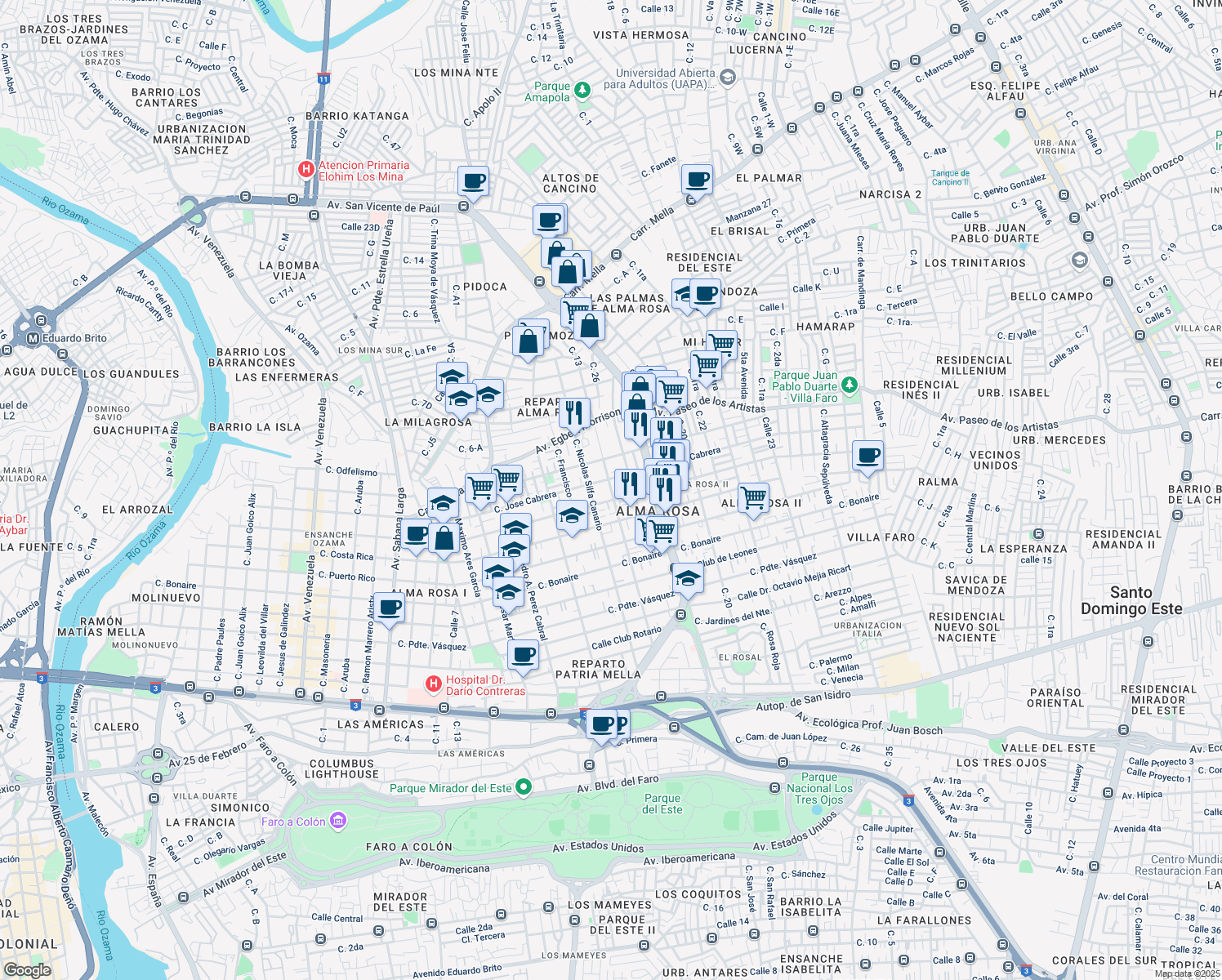 map of restaurants, bars, coffee shops, grocery stores, and more near Calle Enrique Cotubanama Henriquez in Santo Domingo Este