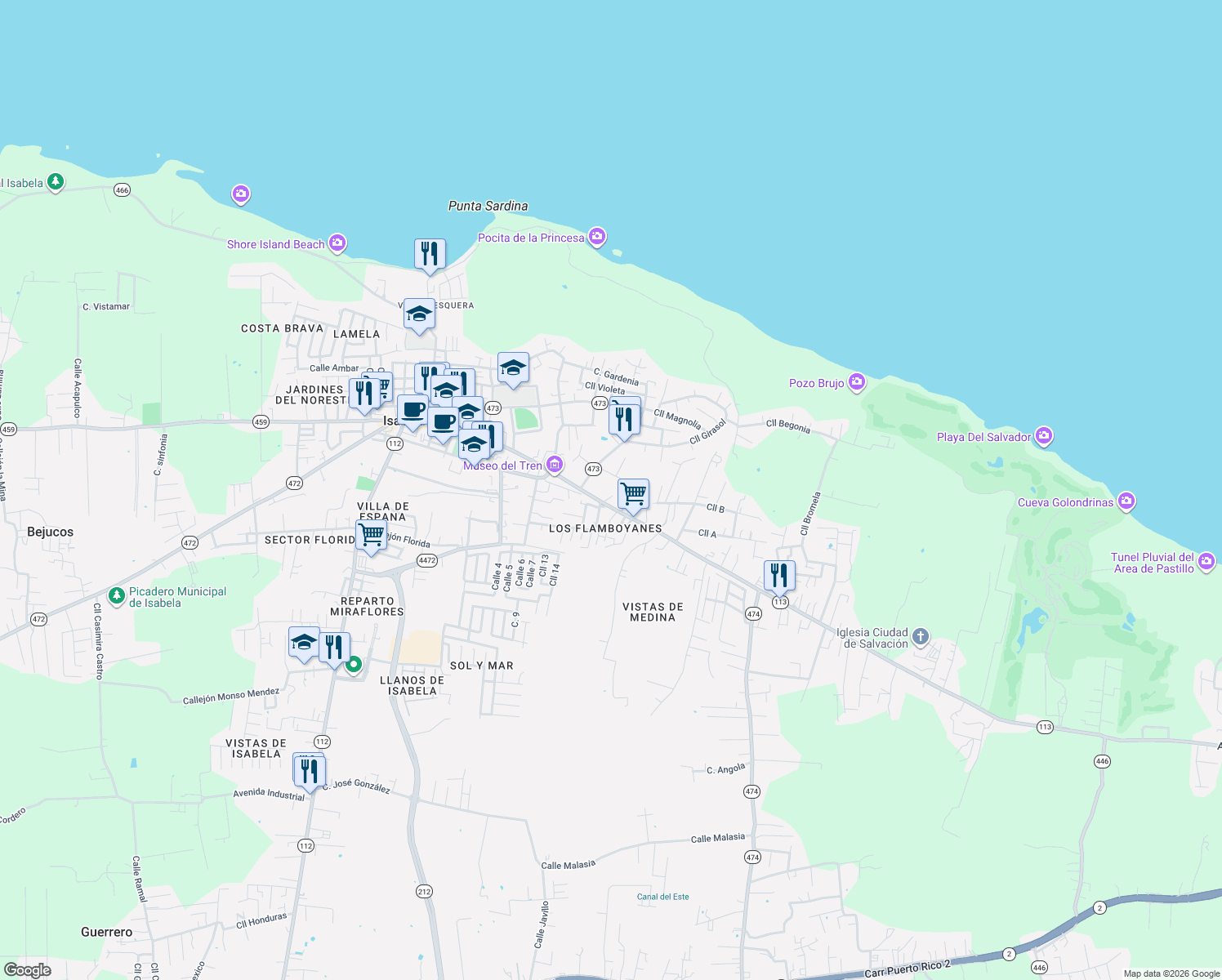 map of restaurants, bars, coffee shops, grocery stores, and more near 280 Avenida Noel Estrada in Isabela