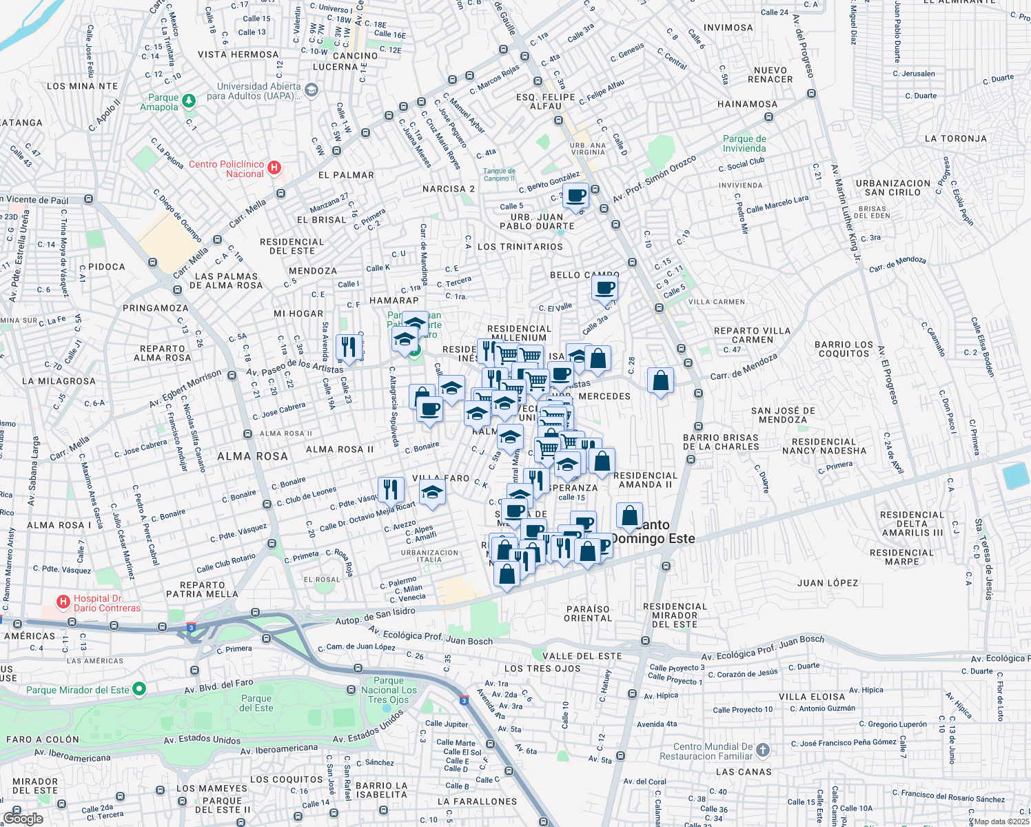 map of restaurants, bars, coffee shops, grocery stores, and more near Calle Higuey in Santo Domingo Este