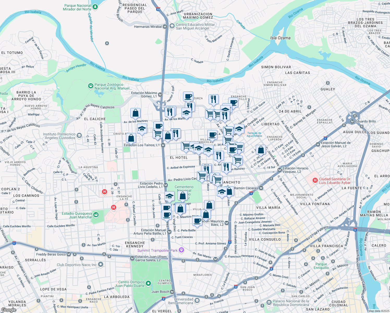 map of restaurants, bars, coffee shops, grocery stores, and more near Avenida Máximo Gómez in Santo Domingo