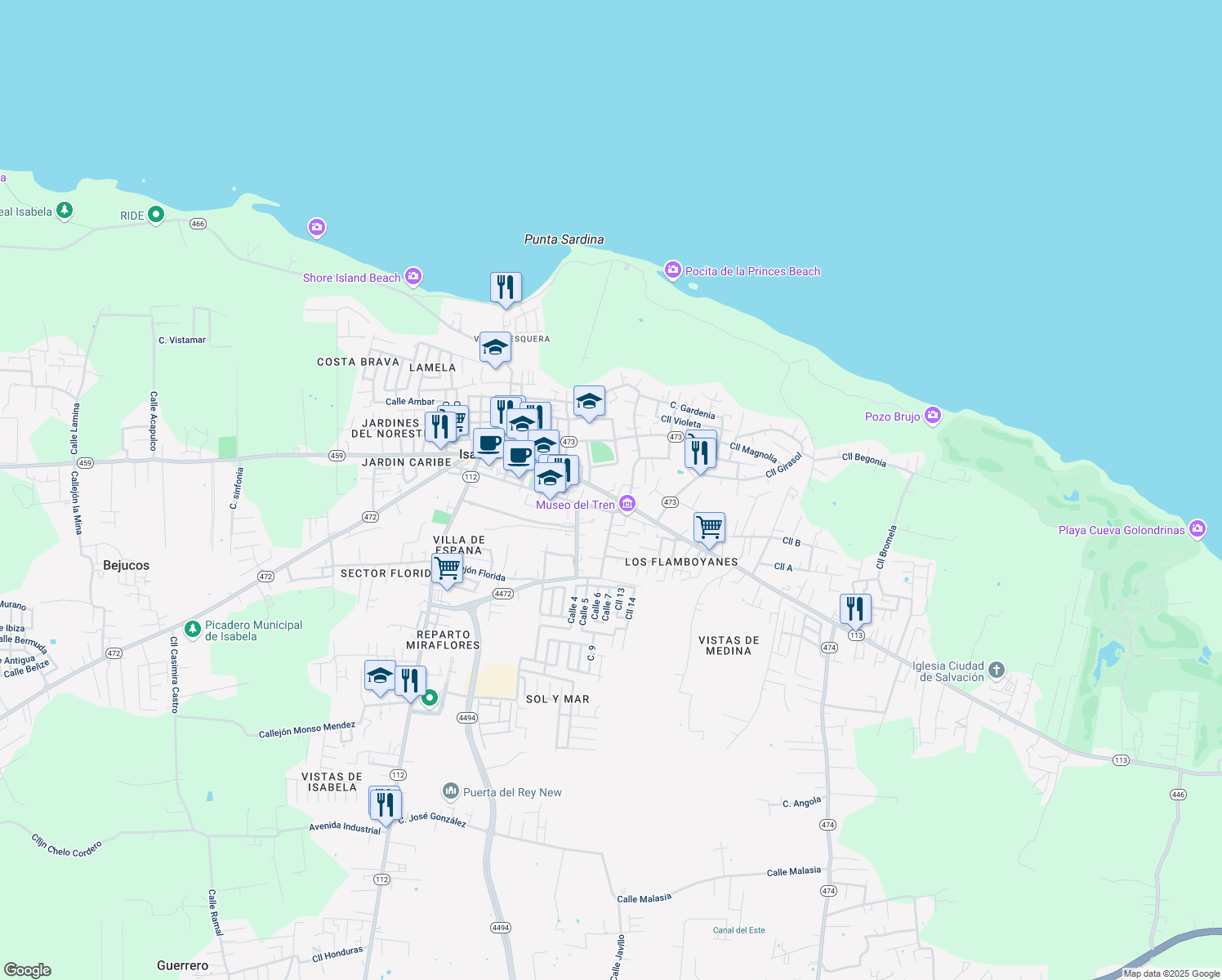 map of restaurants, bars, coffee shops, grocery stores, and more near in Isabela