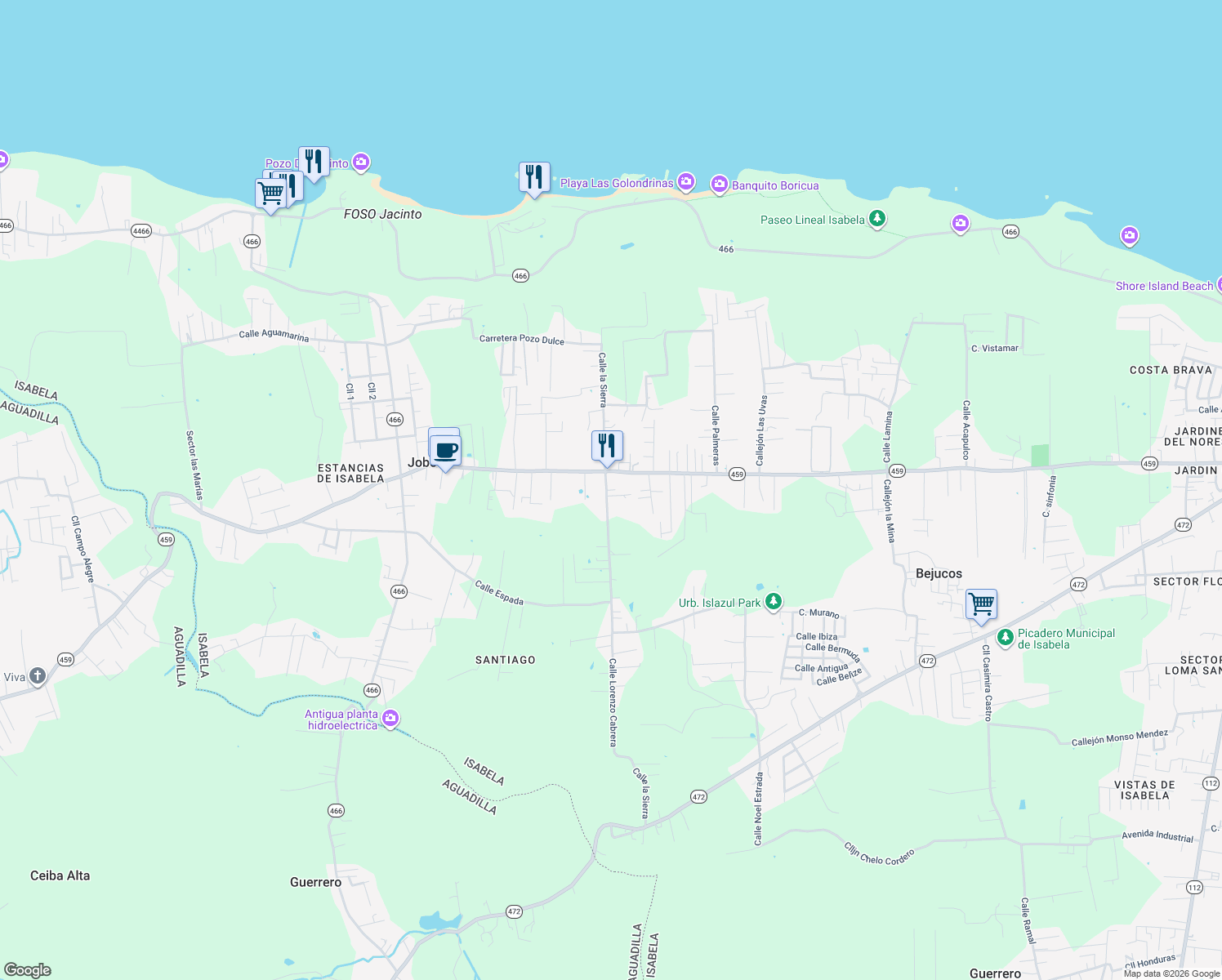 map of restaurants, bars, coffee shops, grocery stores, and more near Calle Hippo Campo in Isabela