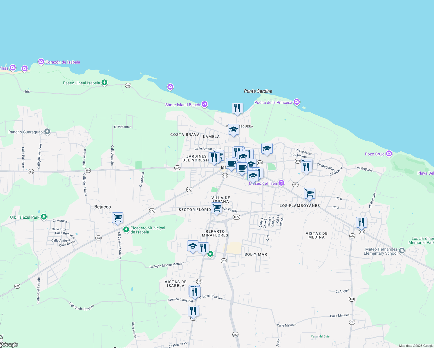 map of restaurants, bars, coffee shops, grocery stores, and more near Puerto Rico 112 in Isabela