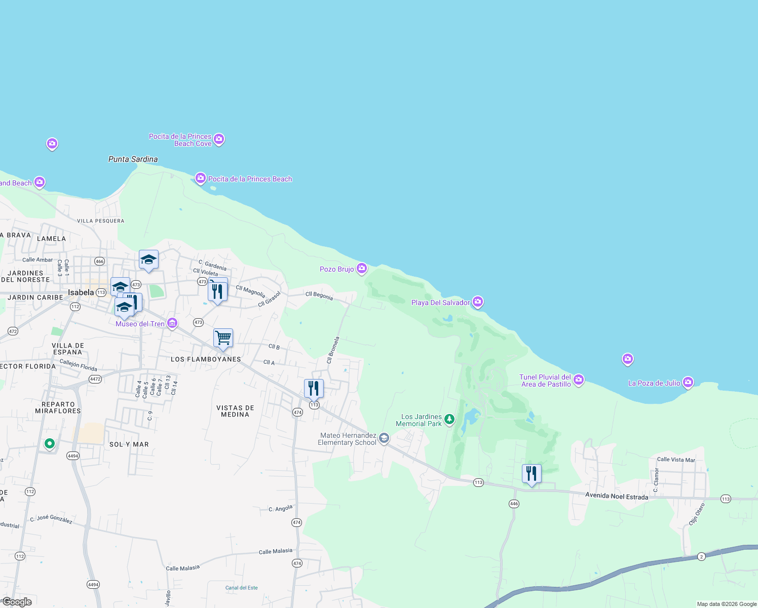 map of restaurants, bars, coffee shops, grocery stores, and more near Calle Begonia in Isabela