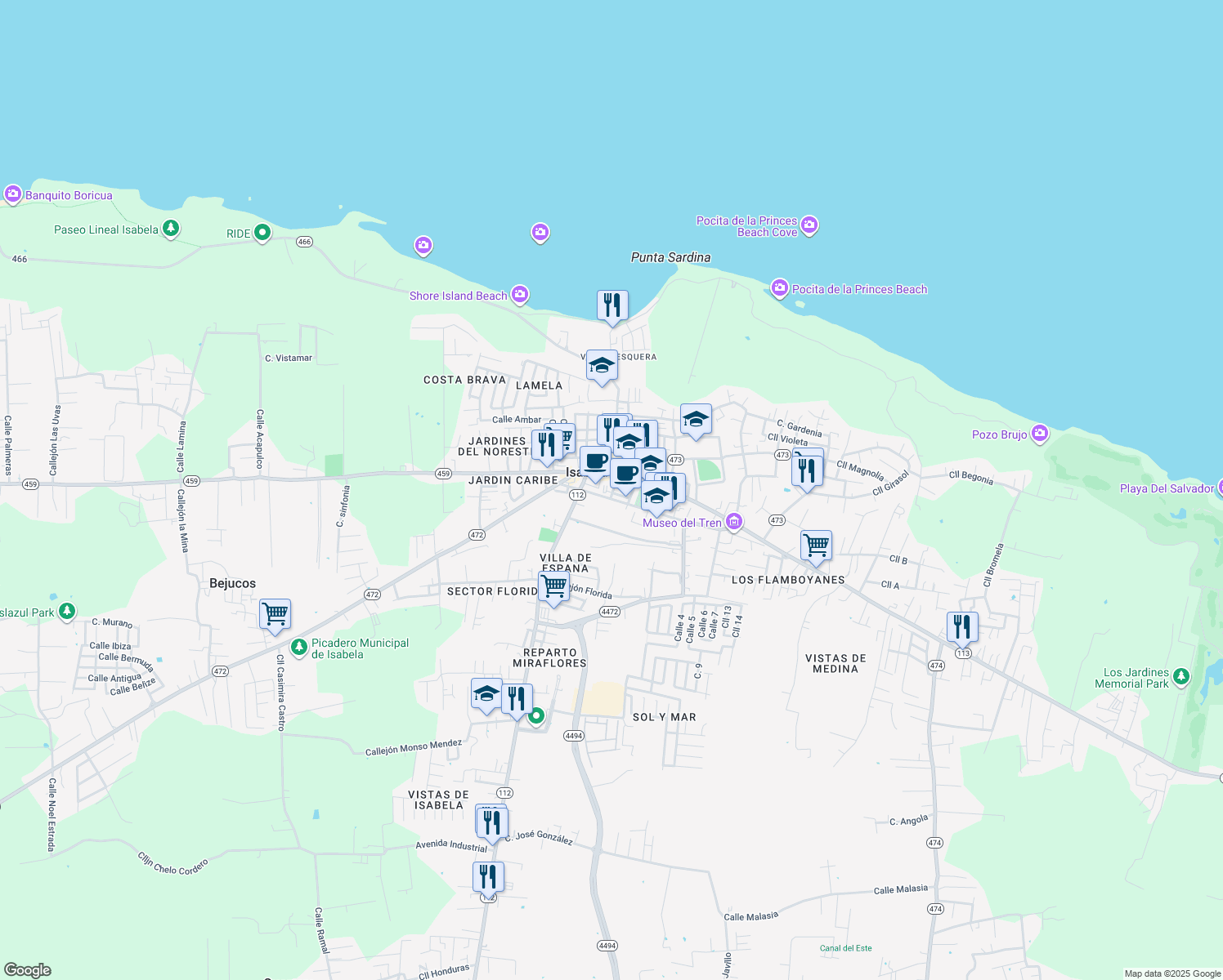 map of restaurants, bars, coffee shops, grocery stores, and more near 65 Calle Otero in Isabela