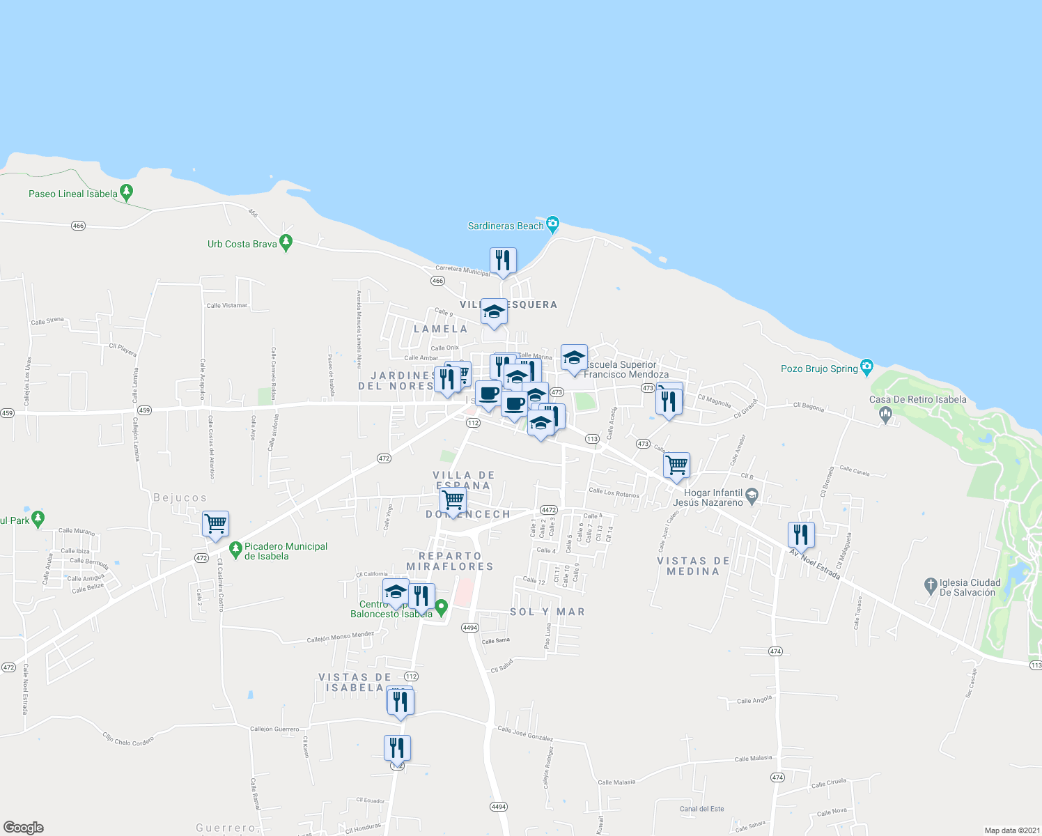 map of restaurants, bars, coffee shops, grocery stores, and more near 65 Calle Otero in Isabela