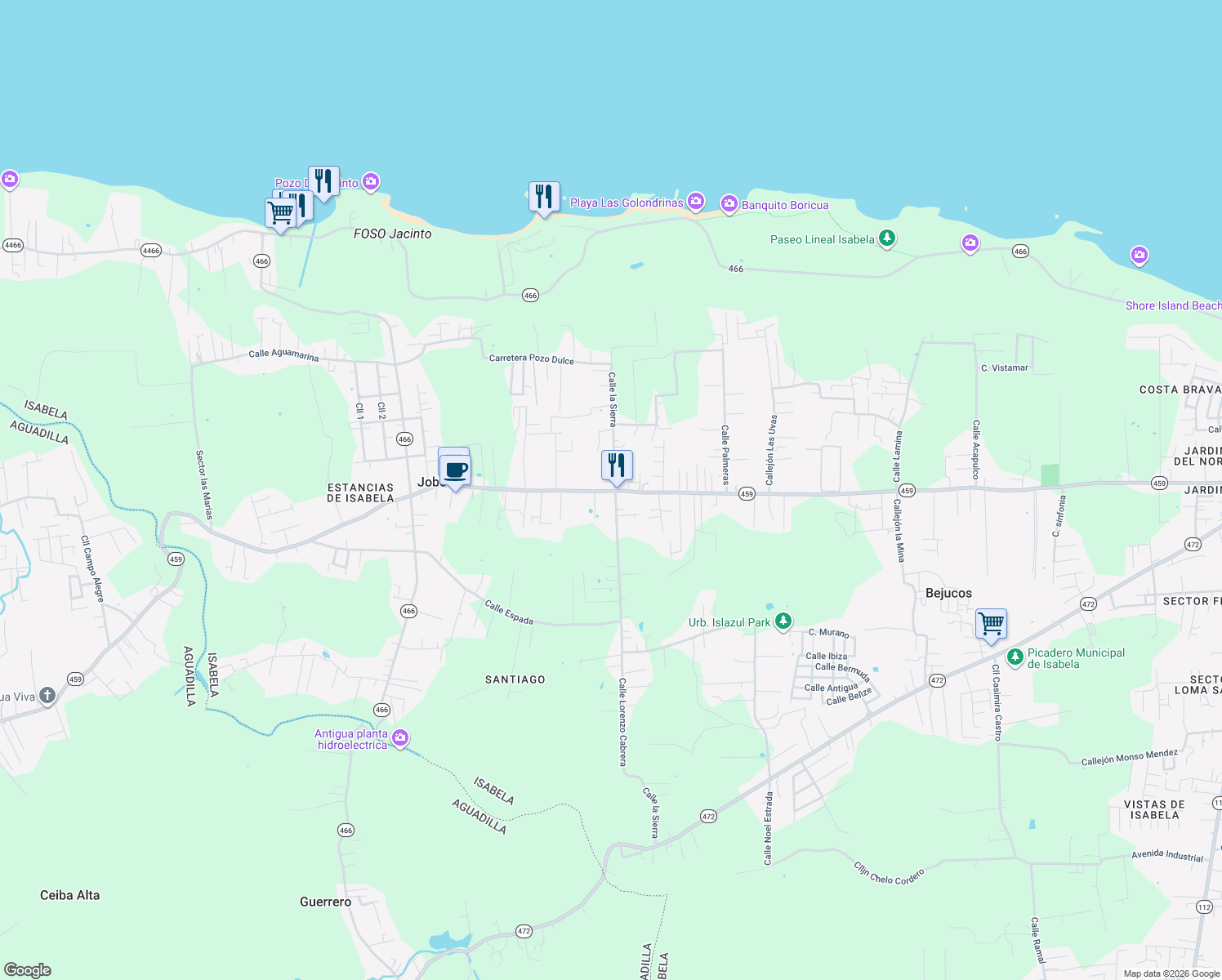 map of restaurants, bars, coffee shops, grocery stores, and more near Calle Hippo Campo in Isabela