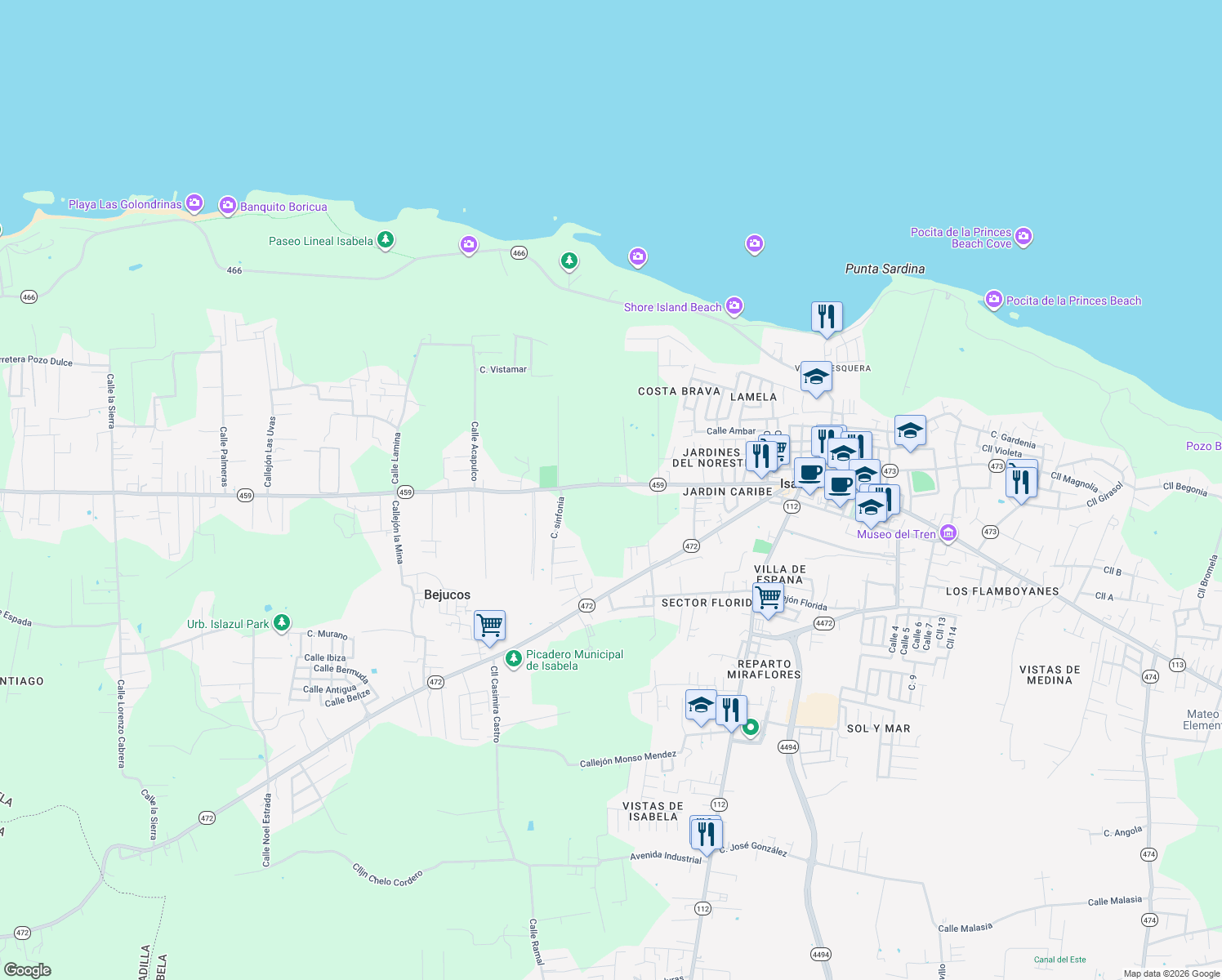 map of restaurants, bars, coffee shops, grocery stores, and more near in Isabela