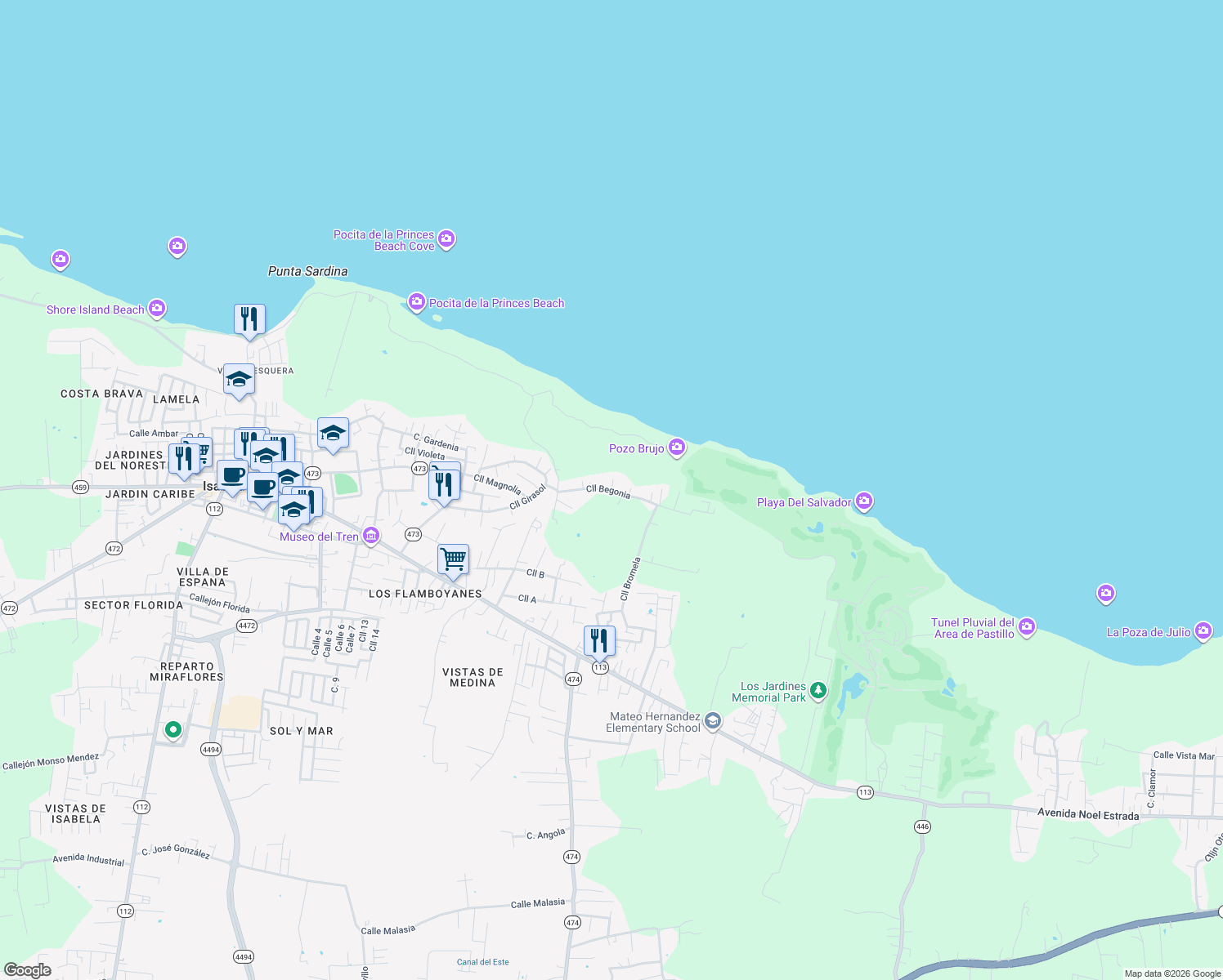 map of restaurants, bars, coffee shops, grocery stores, and more near Calle Begonia in Isabela