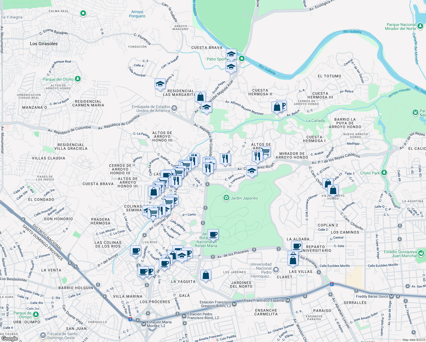 map of restaurants, bars, coffee shops, grocery stores, and more near Residencial Triada I in Santo Domingo