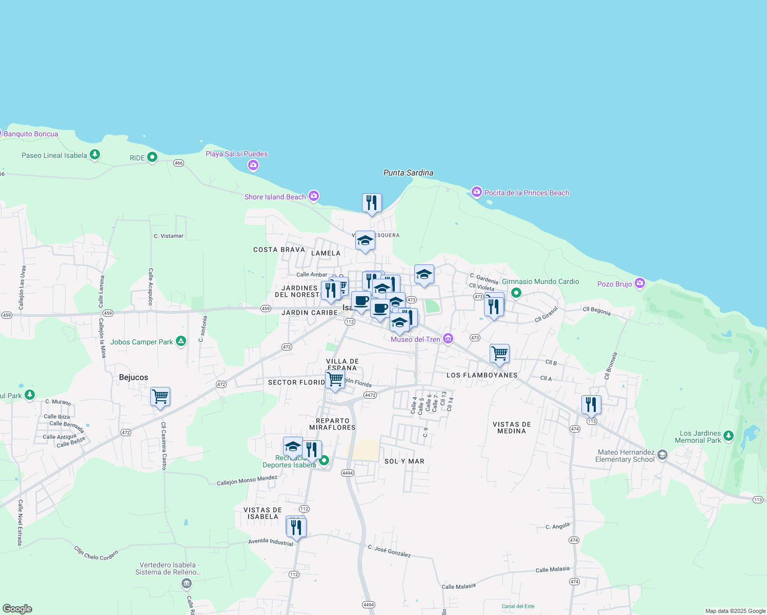 map of restaurants, bars, coffee shops, grocery stores, and more near Calle Jose Celso Barbosa in Isabela