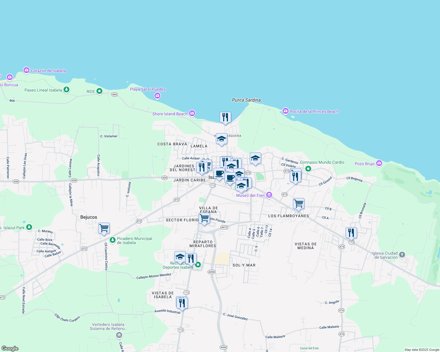 map of restaurants, bars, coffee shops, grocery stores, and more near in Isabela