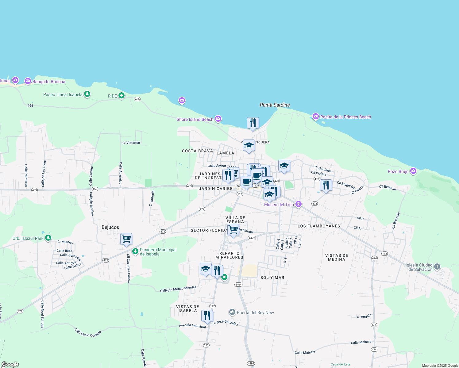 map of restaurants, bars, coffee shops, grocery stores, and more near 19 Calle 3 in Isabela