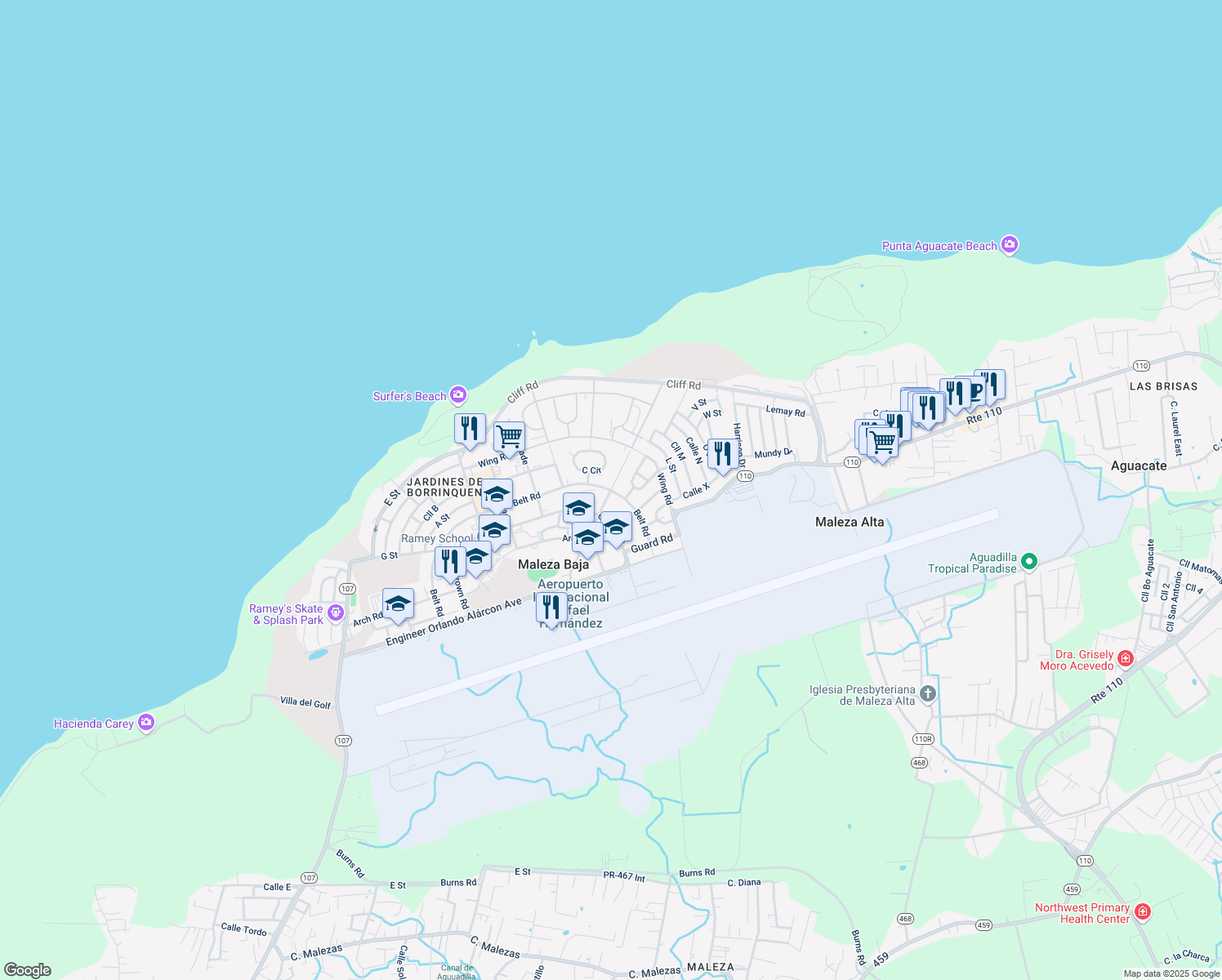map of restaurants, bars, coffee shops, grocery stores, and more near Northeast Road in Maleza Baja