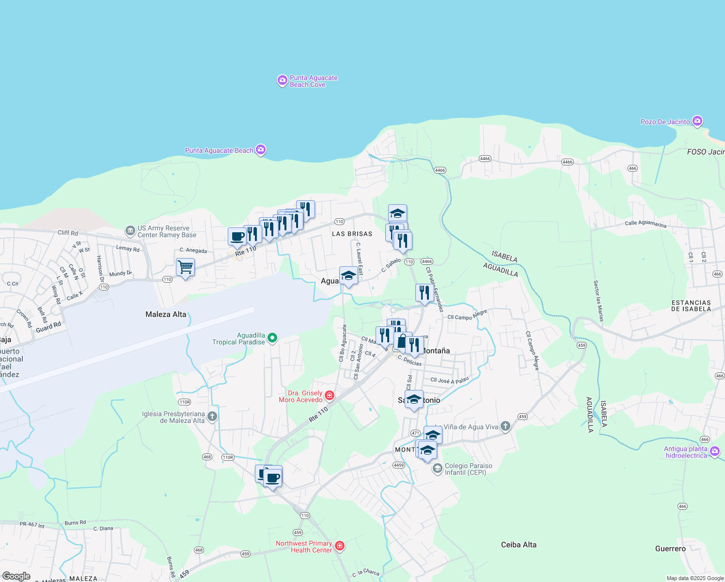 map of restaurants, bars, coffee shops, grocery stores, and more near Calle Bo Aguacate in Aguadilla