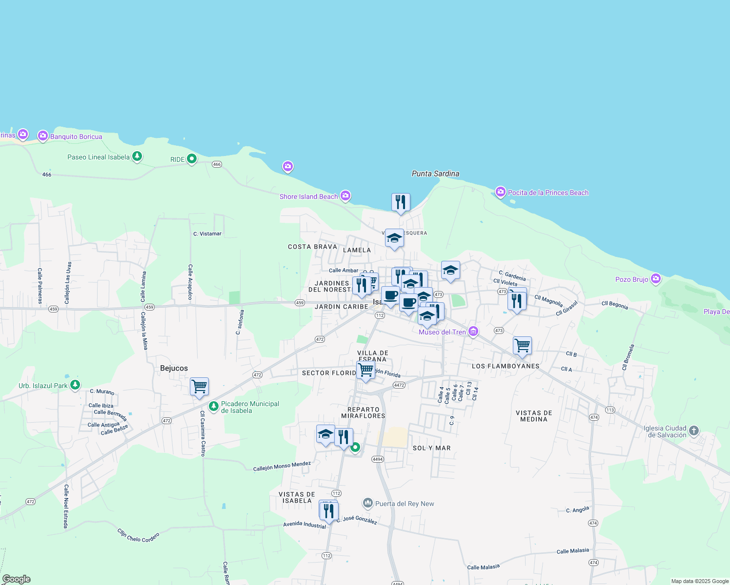 map of restaurants, bars, coffee shops, grocery stores, and more near 19 Calle 3 in Isabela