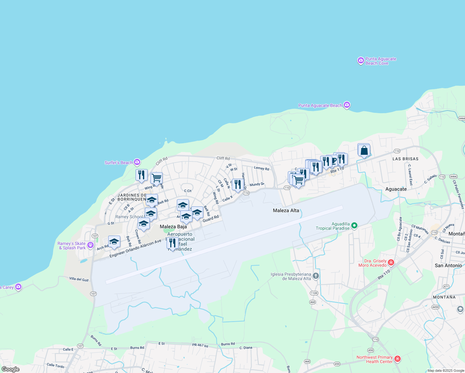 map of restaurants, bars, coffee shops, grocery stores, and more near 104 Calle North in Aguadilla