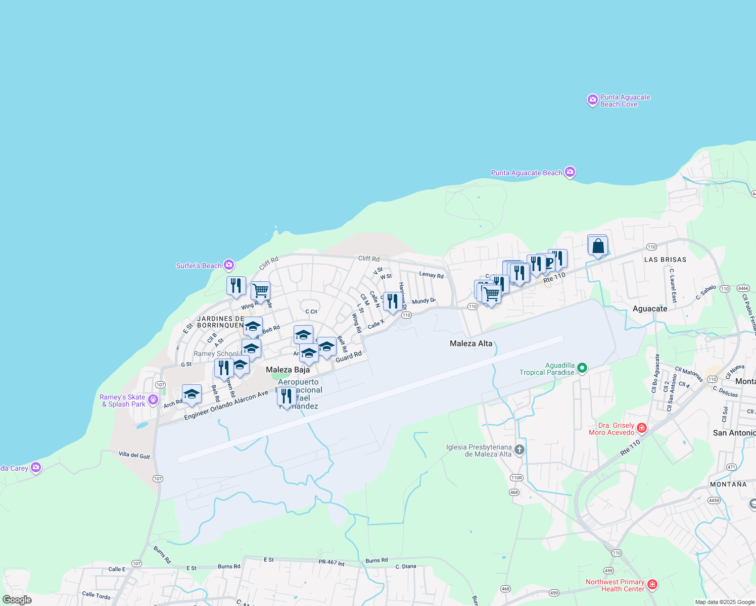 map of restaurants, bars, coffee shops, grocery stores, and more near 104 Calle North in Aguadilla