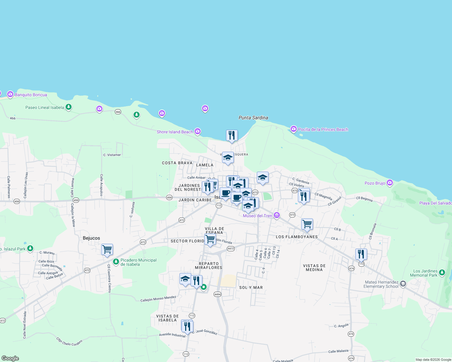 map of restaurants, bars, coffee shops, grocery stores, and more near 58-76 Calle East Padin Moya in Isabela
