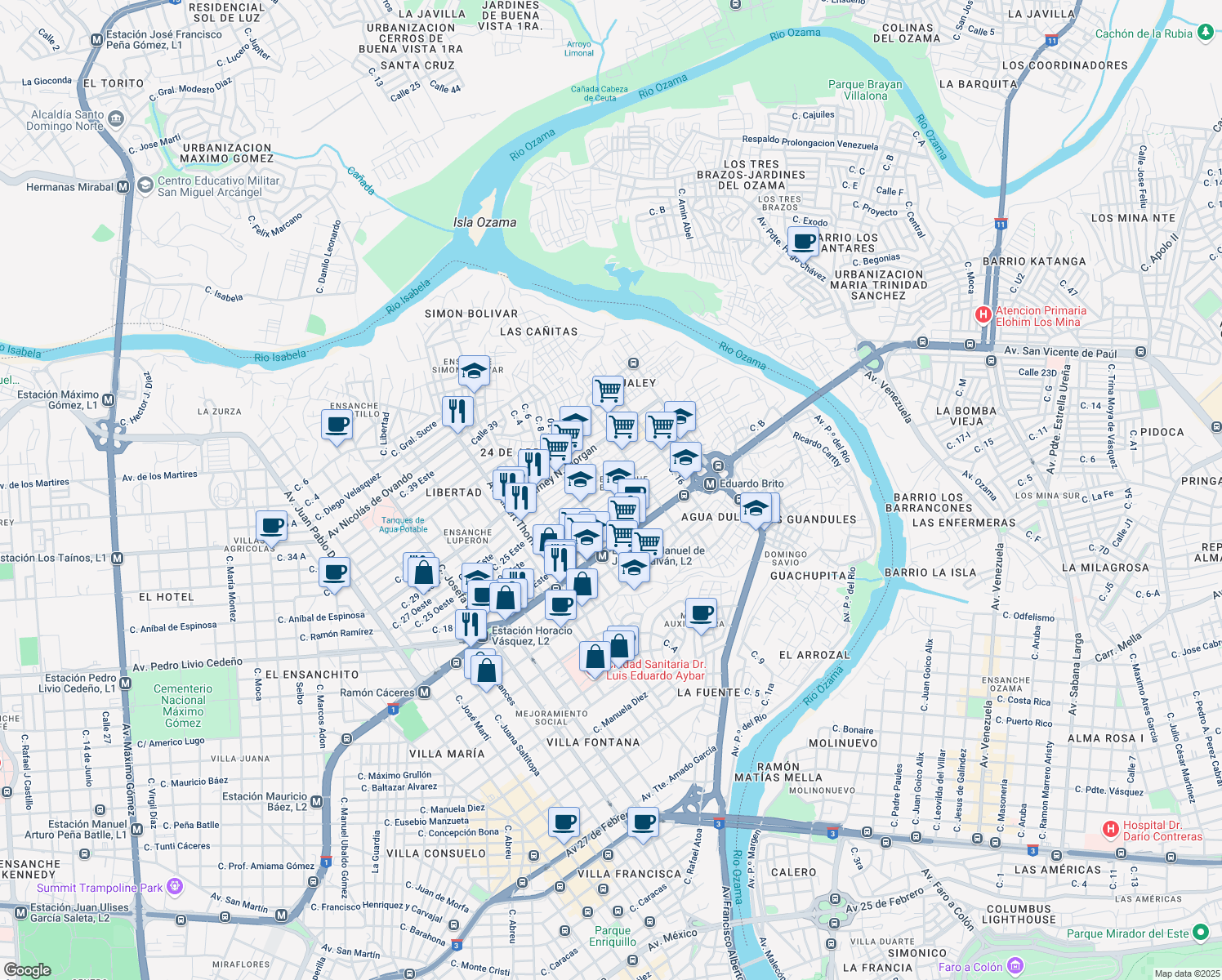 map of restaurants, bars, coffee shops, grocery stores, and more near Calle Jose Nicolas Casimiro in Santo Domingo