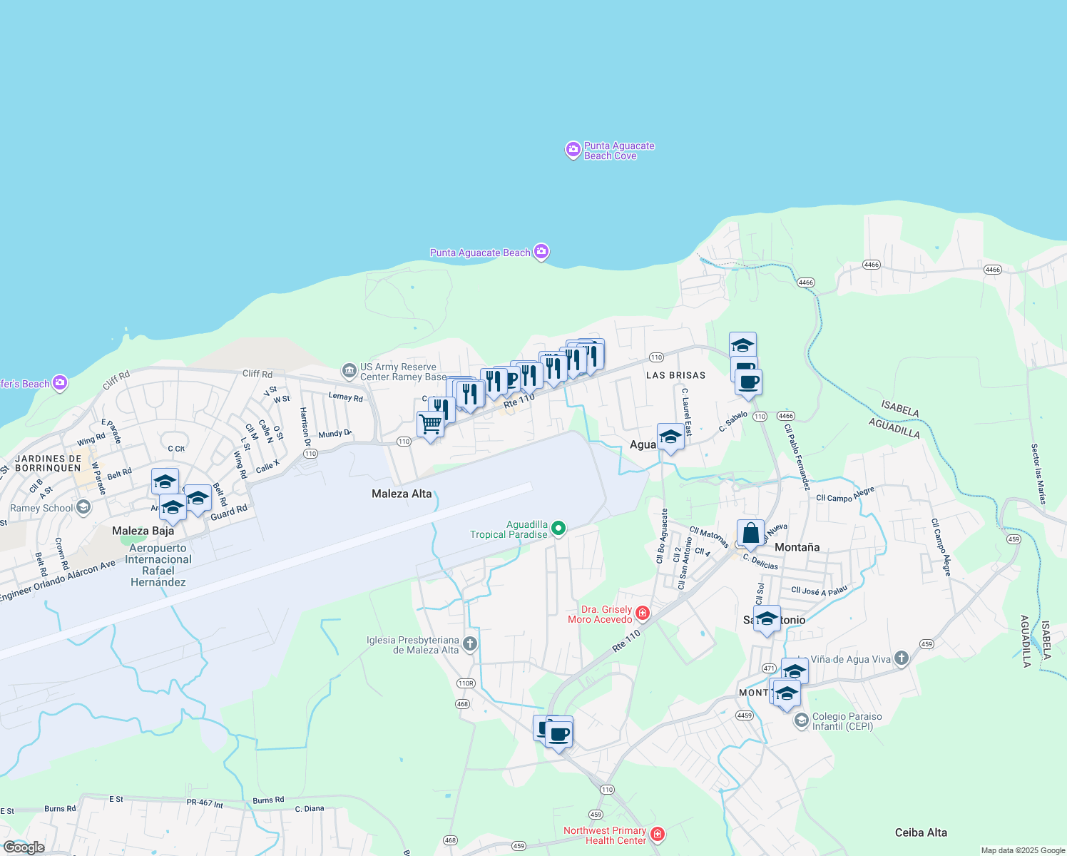 map of restaurants, bars, coffee shops, grocery stores, and more near in Maleza Alta