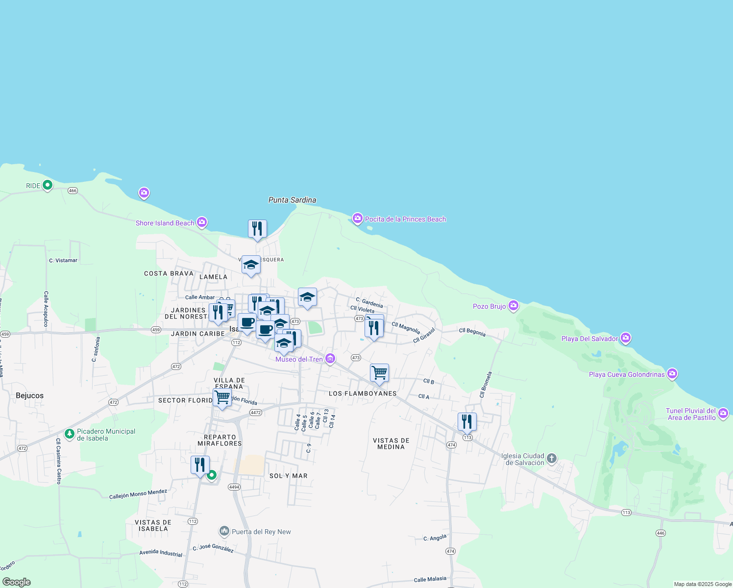 map of restaurants, bars, coffee shops, grocery stores, and more near 80 Calle Lirio in Isabela
