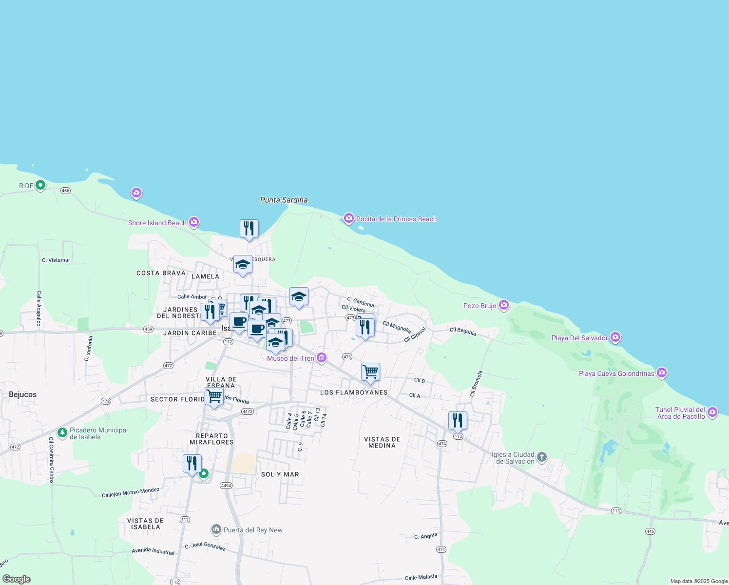 map of restaurants, bars, coffee shops, grocery stores, and more near 80 Calle Lirio in Isabela