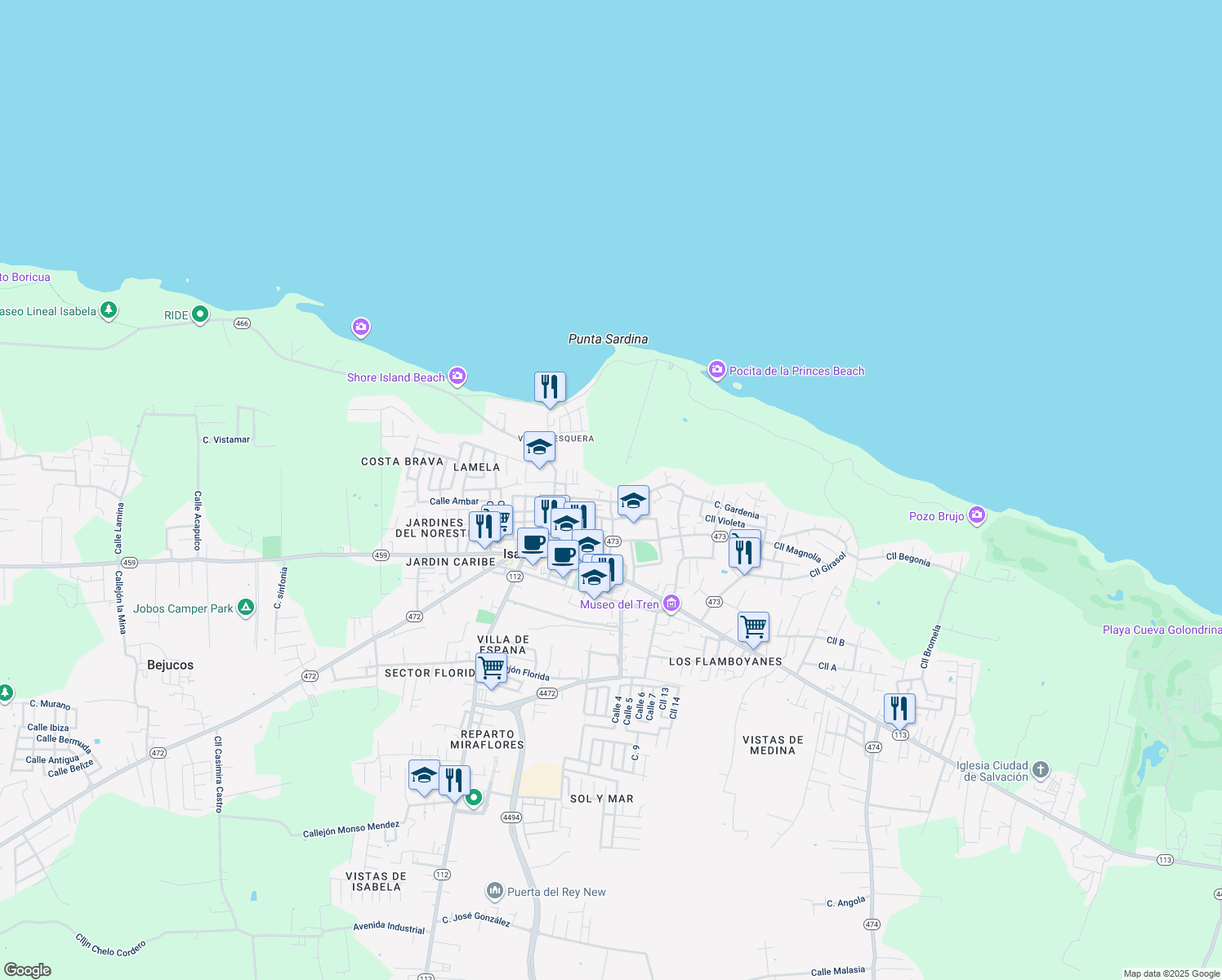map of restaurants, bars, coffee shops, grocery stores, and more near Calle José Celso Barbosa in Isabela